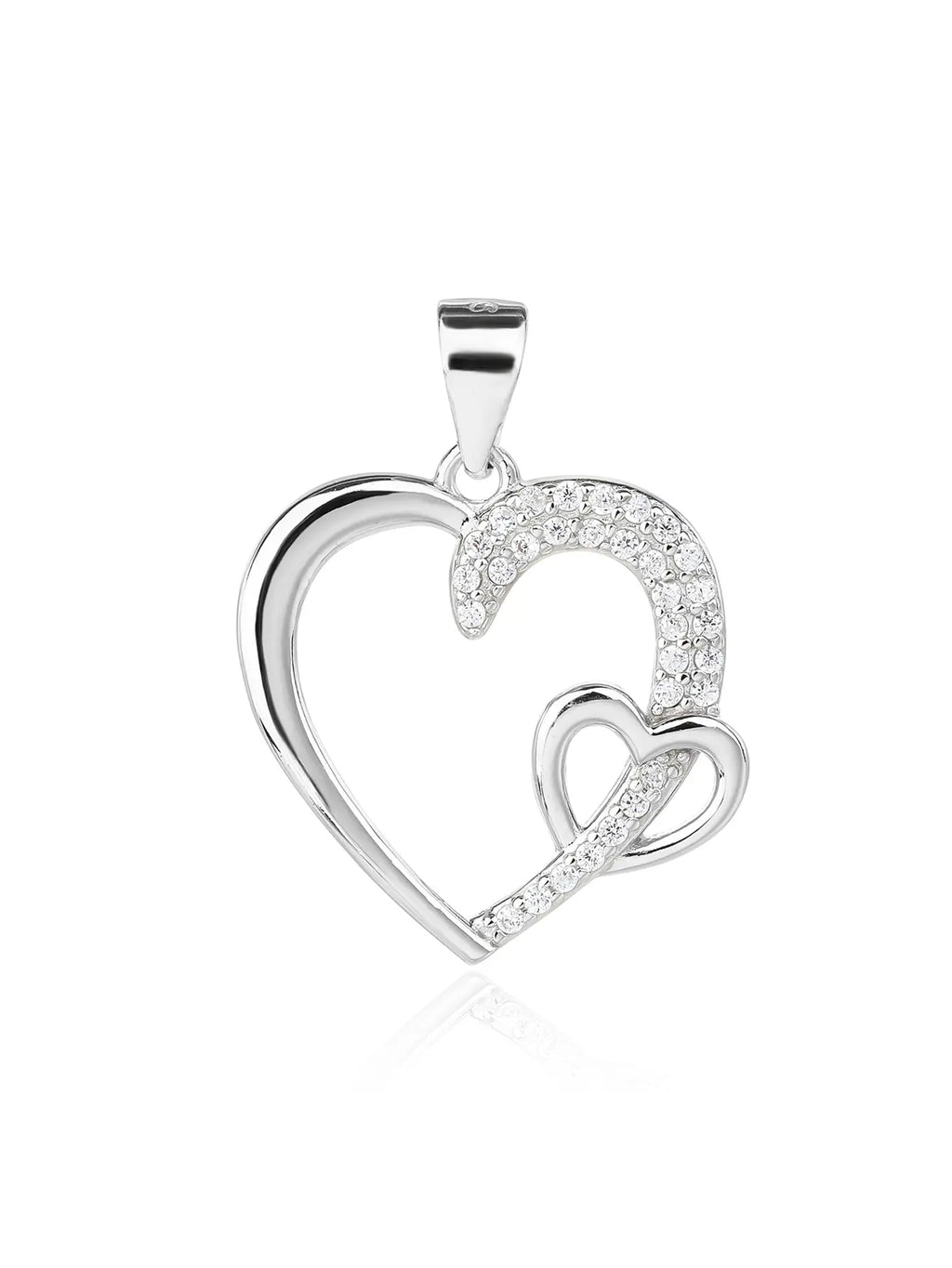Asymmetrical heart pendant with zirconia in hallmarked, rhodium-plated 925 sterling silver – front view – DRESCHER Jewellery®