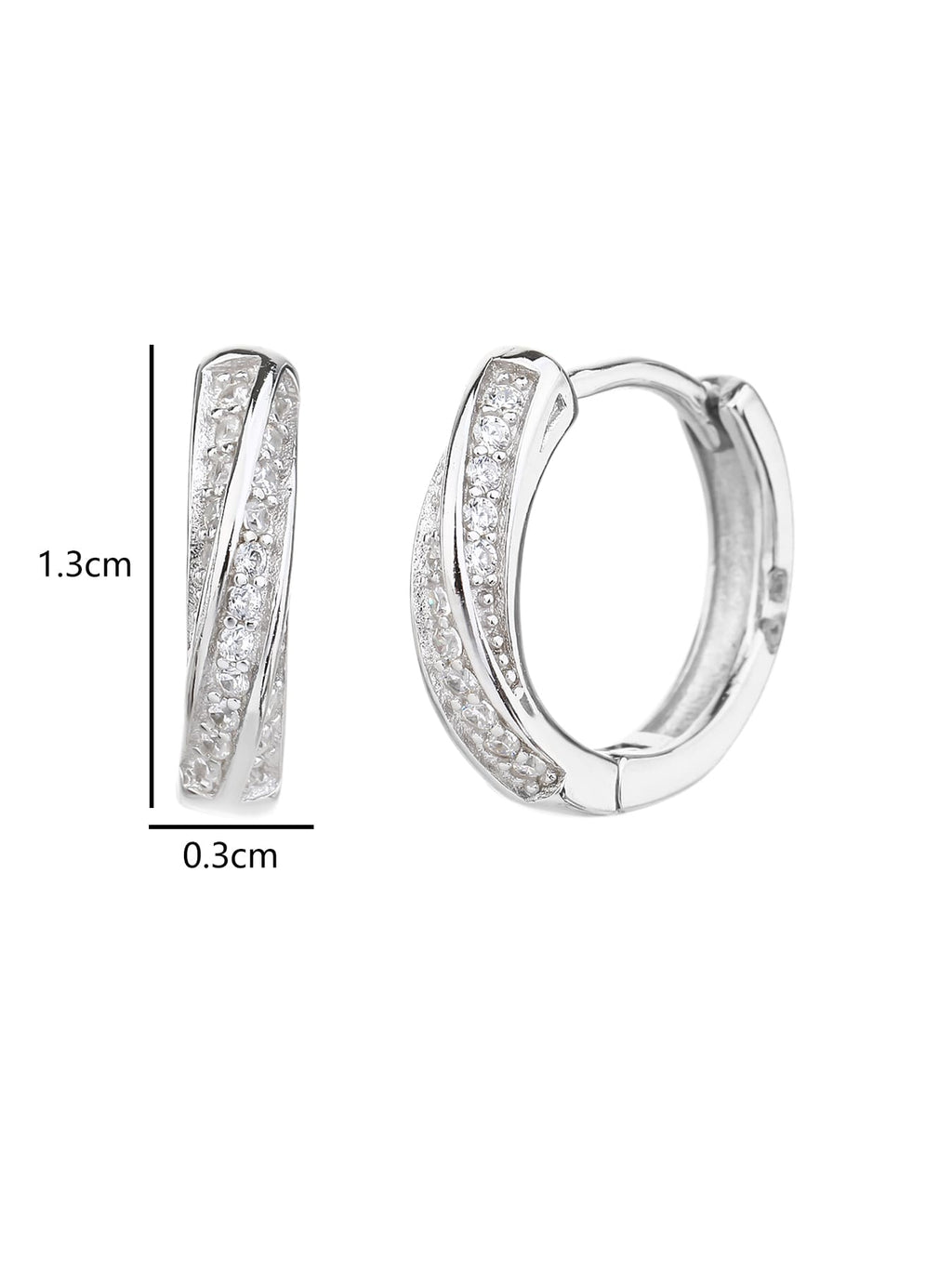 Crossed-band cubic zirconia hoop earrings in hallmarked, rhodium-plated 925 sterling silver – dimensions – DRESCHER Jewellery®