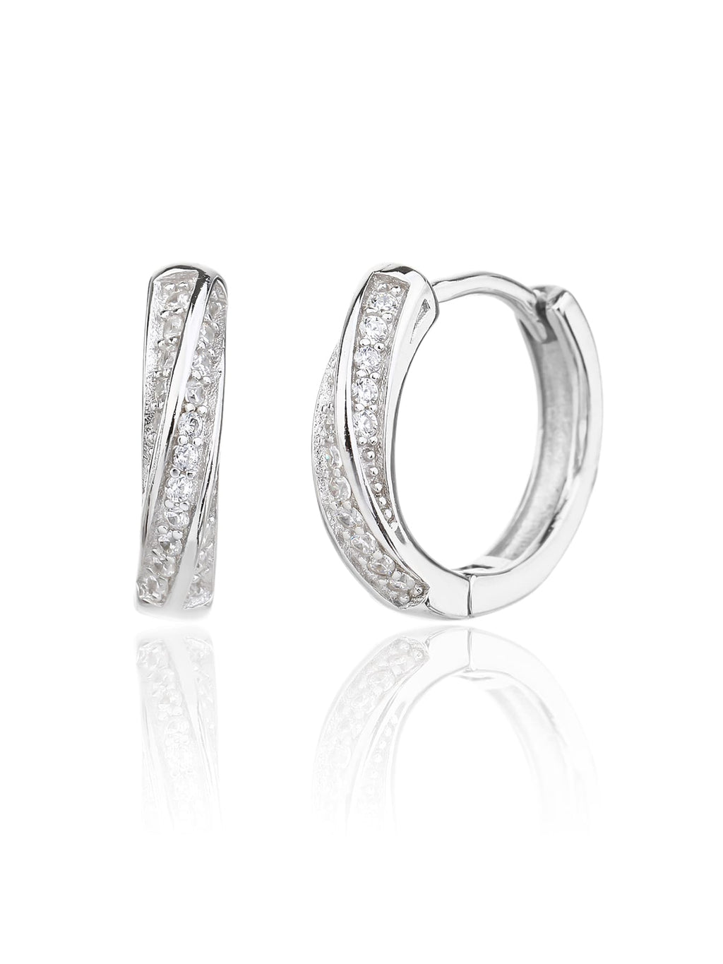 Crossed-band cubic zirconia hoop earrings in hallmarked, rhodium-plated 925 sterling silver – front and side views – DRESCHER Jewellery®