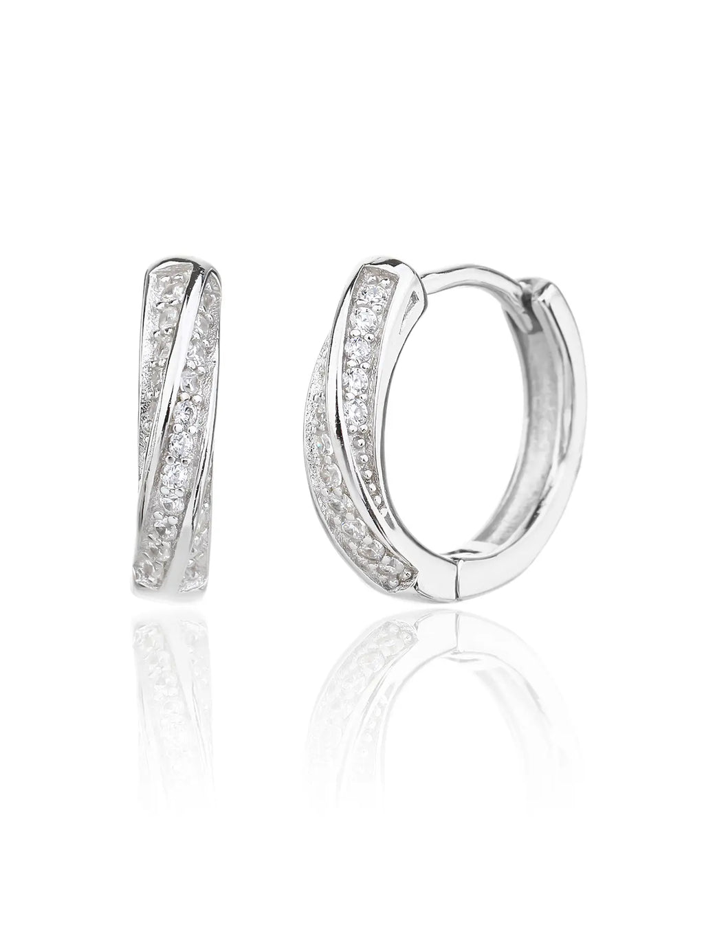 Crossed-band cubic zirconia hoop earrings in hallmarked, rhodium-plated 925 sterling silver – front and side views – DRESCHER Jewellery®