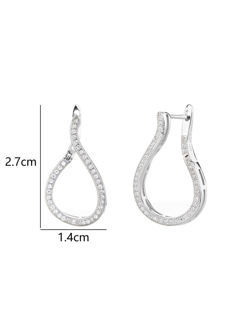 Twisted white cubic zirconia hoop earrings in hallmarked, rhodium-plated 925 sterling silver – display view – DRESCHER Jewellery®