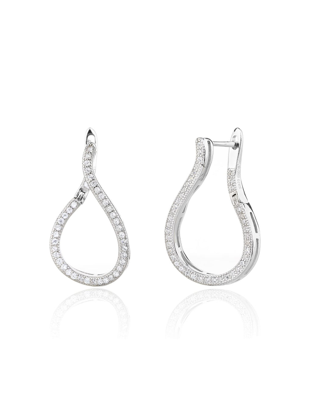 Twisted white cubic zirconia hoop earrings in hallmarked, rhodium-plated 925 sterling silver – front and side views – DRESCHER Jewellery®