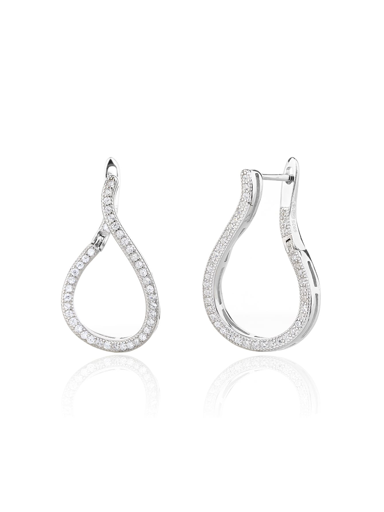 Twisted white cubic zirconia hoop earrings in hallmarked, rhodium-plated 925 sterling silver – front and side views – DRESCHER Jewellery®