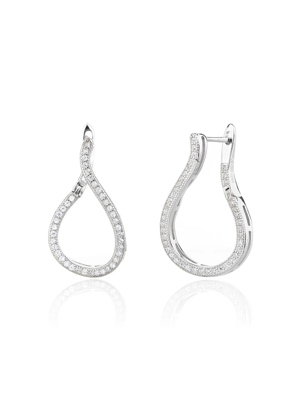 Twisted white cubic zirconia hoop earrings in hallmarked, rhodium-plated 925 sterling silver – front and side views – DRESCHER Jewellery®
