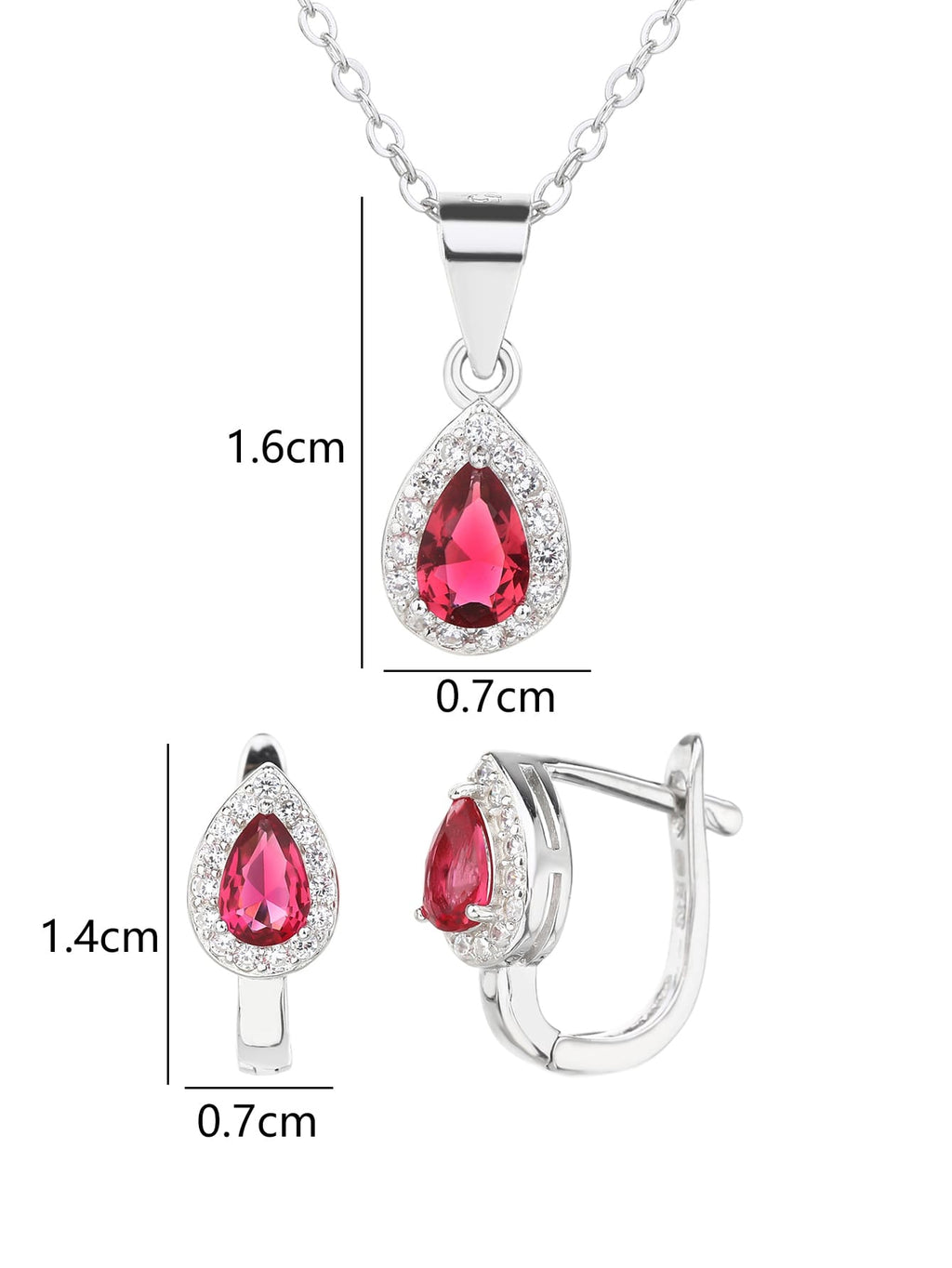 Drop shaped fuchsia red stone with white cubic zirconia stones (without chain) in hallmarked, rhodium-plated 925 sterling silver – alternate component view – DRESCHER Jewellery®