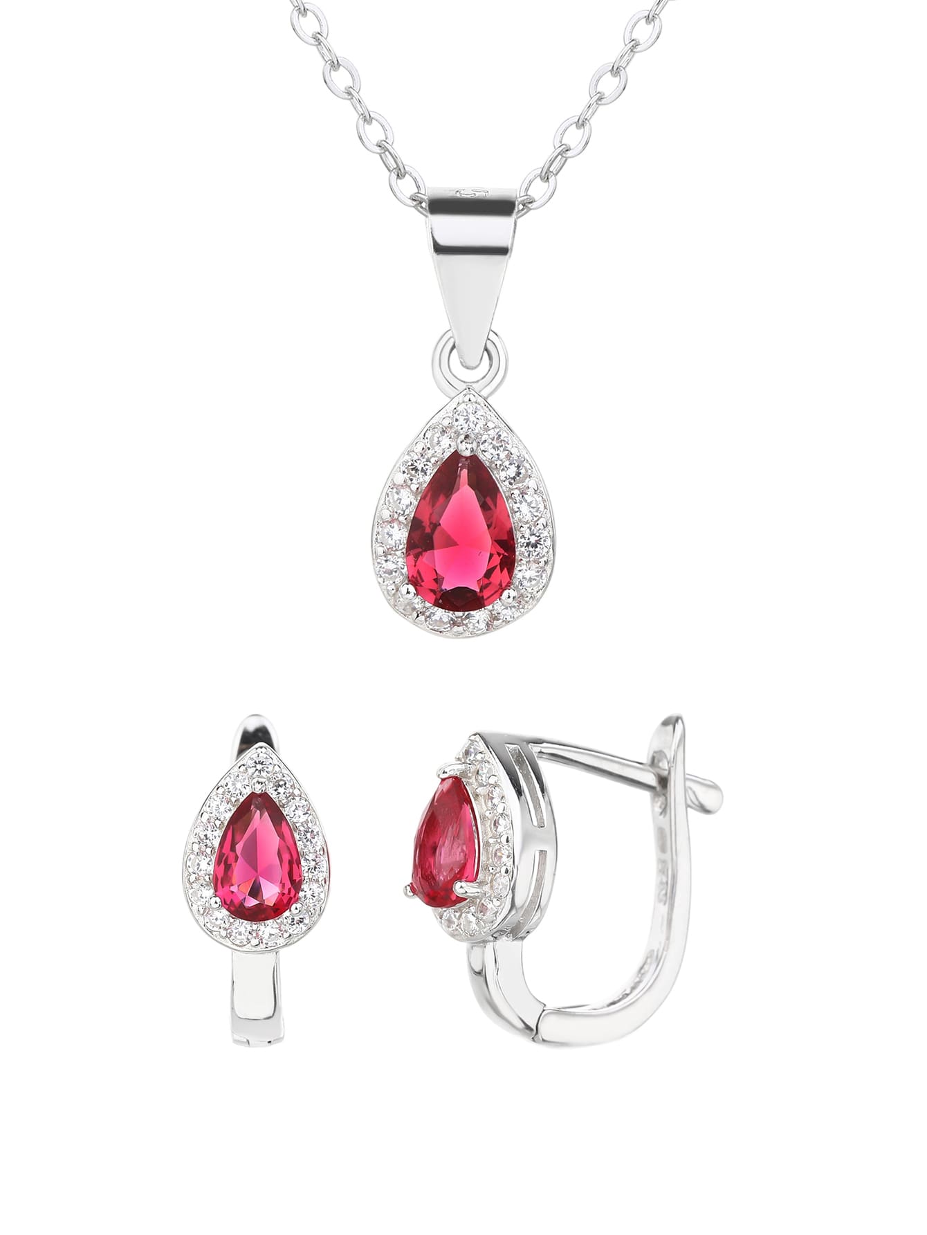Drop shaped fuchsia red stone with white cubic zirconia stones (without chain) in hallmarked, rhodium-plated 925 sterling silver – worn view – DRESCHER Jewellery®