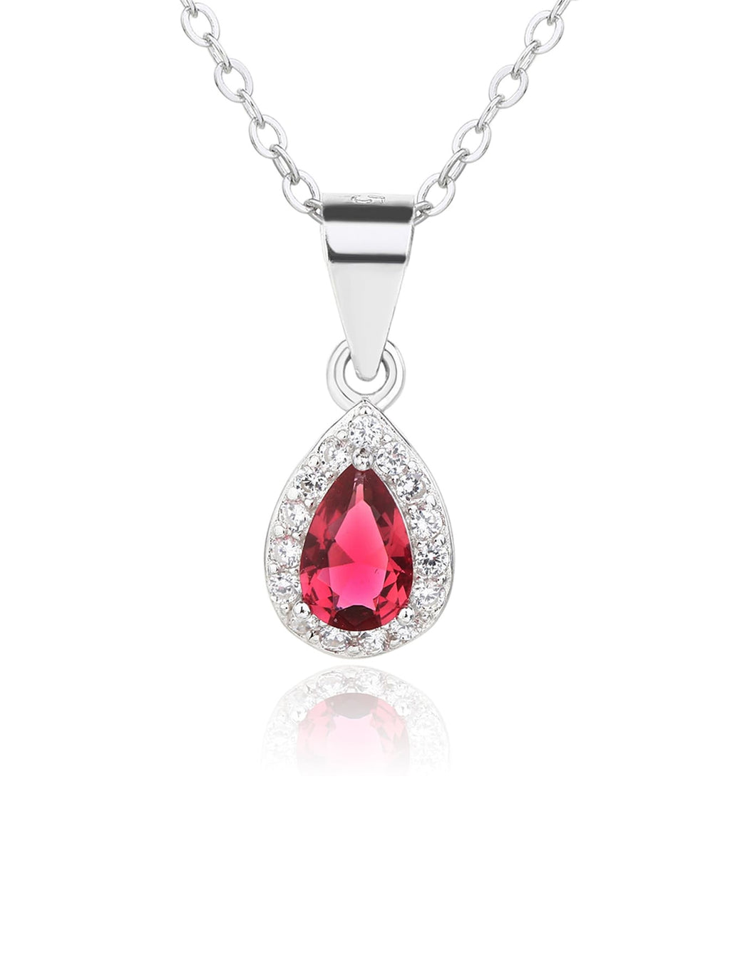 Drop shaped fuchsia red stone with white cubic zirconia stones (without chain) in hallmarked, rhodium-plated 925 sterling silver – detail view – DRESCHER Jewellery®