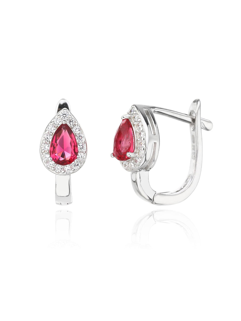 Drop shaped fuchsia red stone with white cubic zirconia stones (without chain) in hallmarked, rhodium-plated 925 sterling silver – lifestyle view – DRESCHER Jewellery®