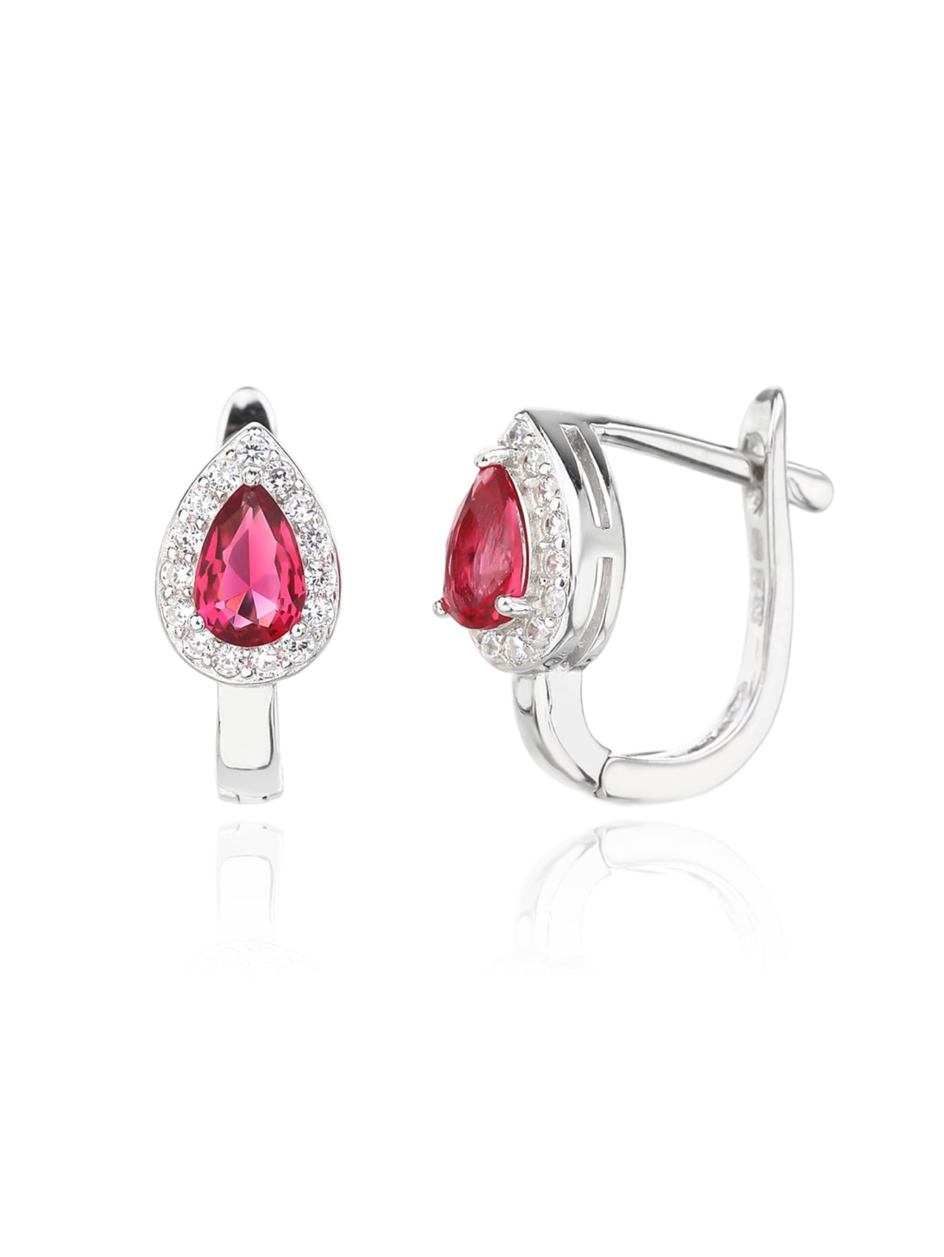 Drop shaped fuchsia red stone with white cubic zirconia stones (without chain) in hallmarked, rhodium-plated 925 sterling silver – lifestyle view – DRESCHER Jewellery®