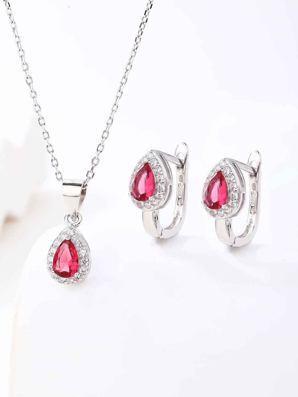 Drop shaped fuchsia red stone with white cubic zirconia stones (without chain) in hallmarked, rhodium-plated 925 sterling silver – component view – DRESCHER Jewellery®
