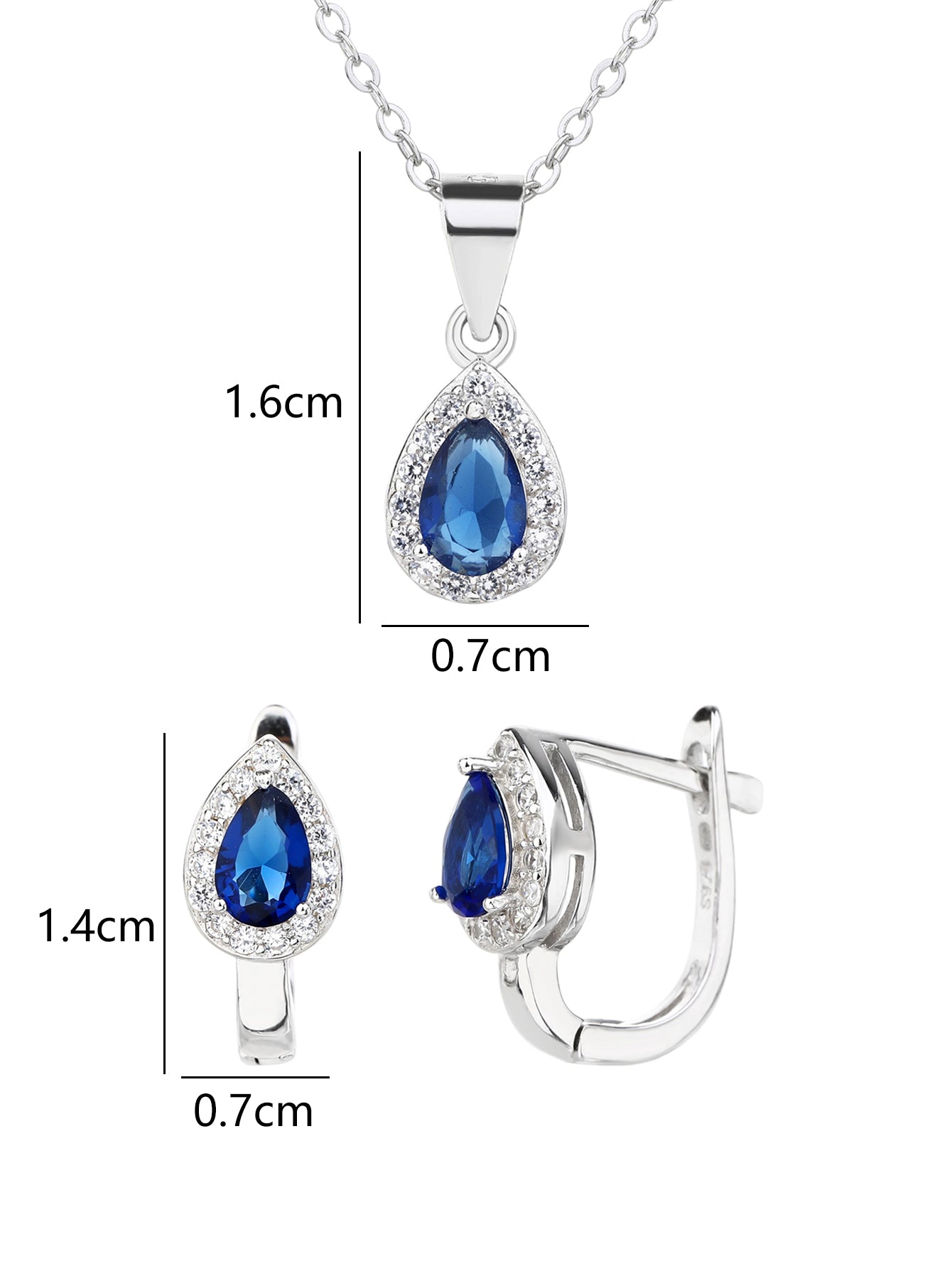Drop shaped royal blue stone set with white cubic zirconia stones (without chain) in hallmarked, rhodium-plated 925 sterling silver – worn view – DRESCHER Jewellery®