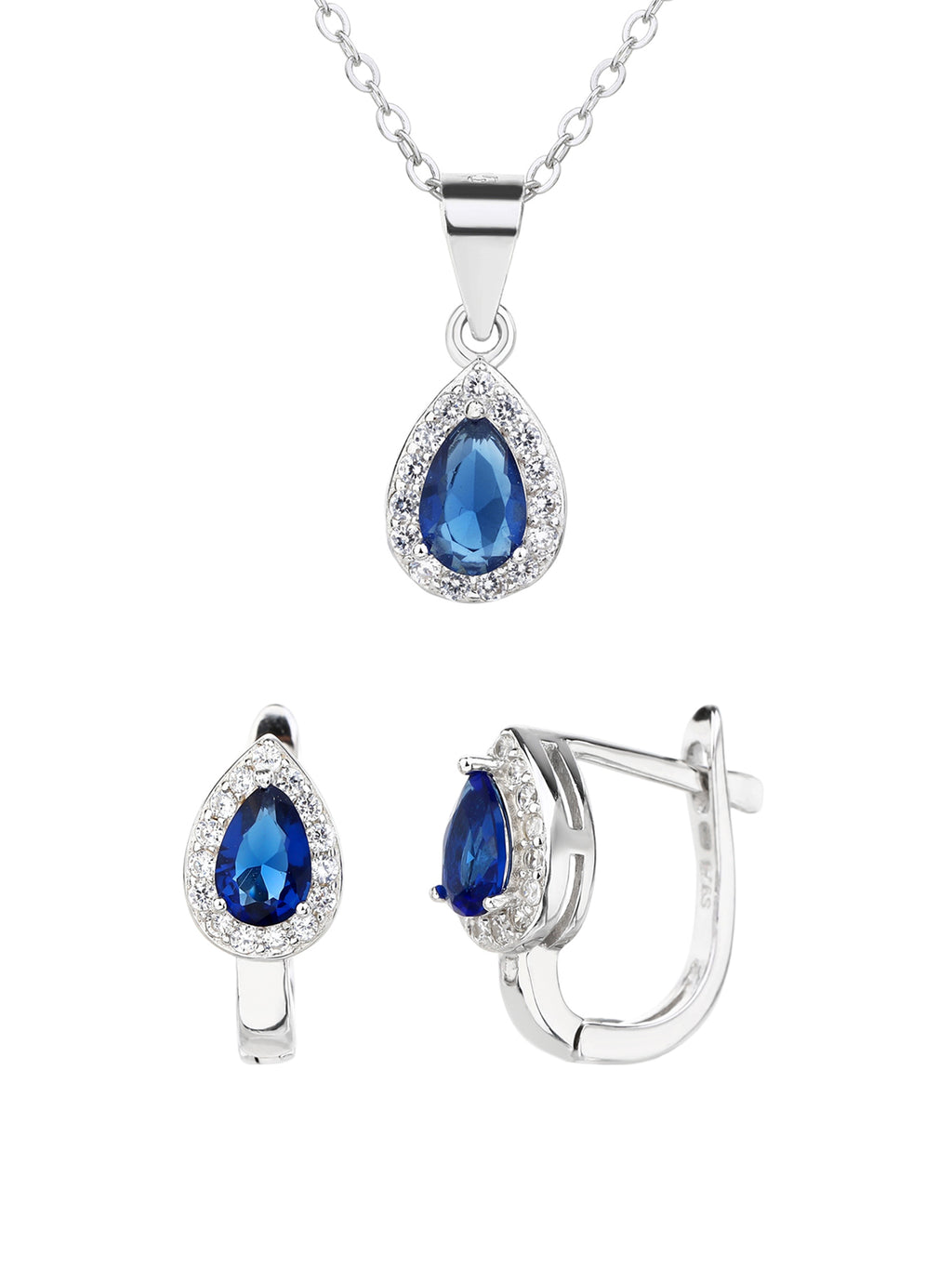 Drop shaped royal blue stone set with white cubic zirconia stones (without chain) in hallmarked, rhodium-plated 925 sterling silver – front set view – DRESCHER Jewellery®