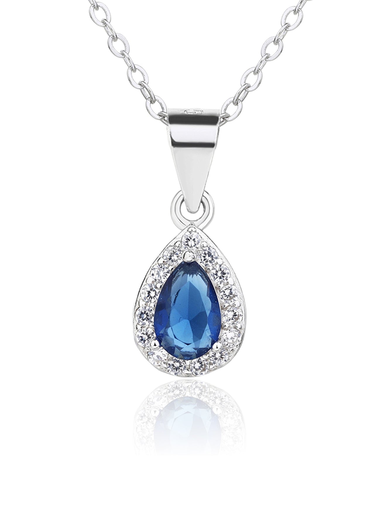 Drop shaped royal blue stone set with white cubic zirconia stones (without chain) in hallmarked, rhodium-plated 925 sterling silver – display view – DRESCHER Jewellery®
