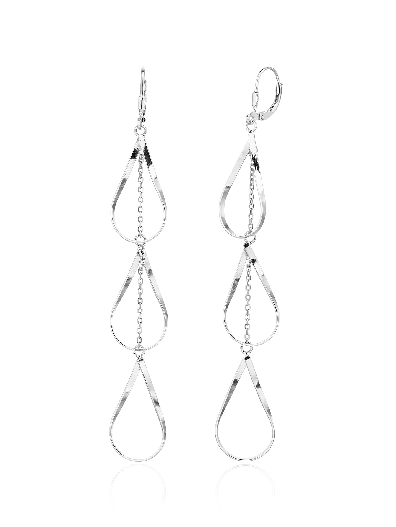 teardrop-shaped dangle earrings in hallmarked, rhodium-plated 925 sterling silver – front and side views – DRESCHER Jewellery®