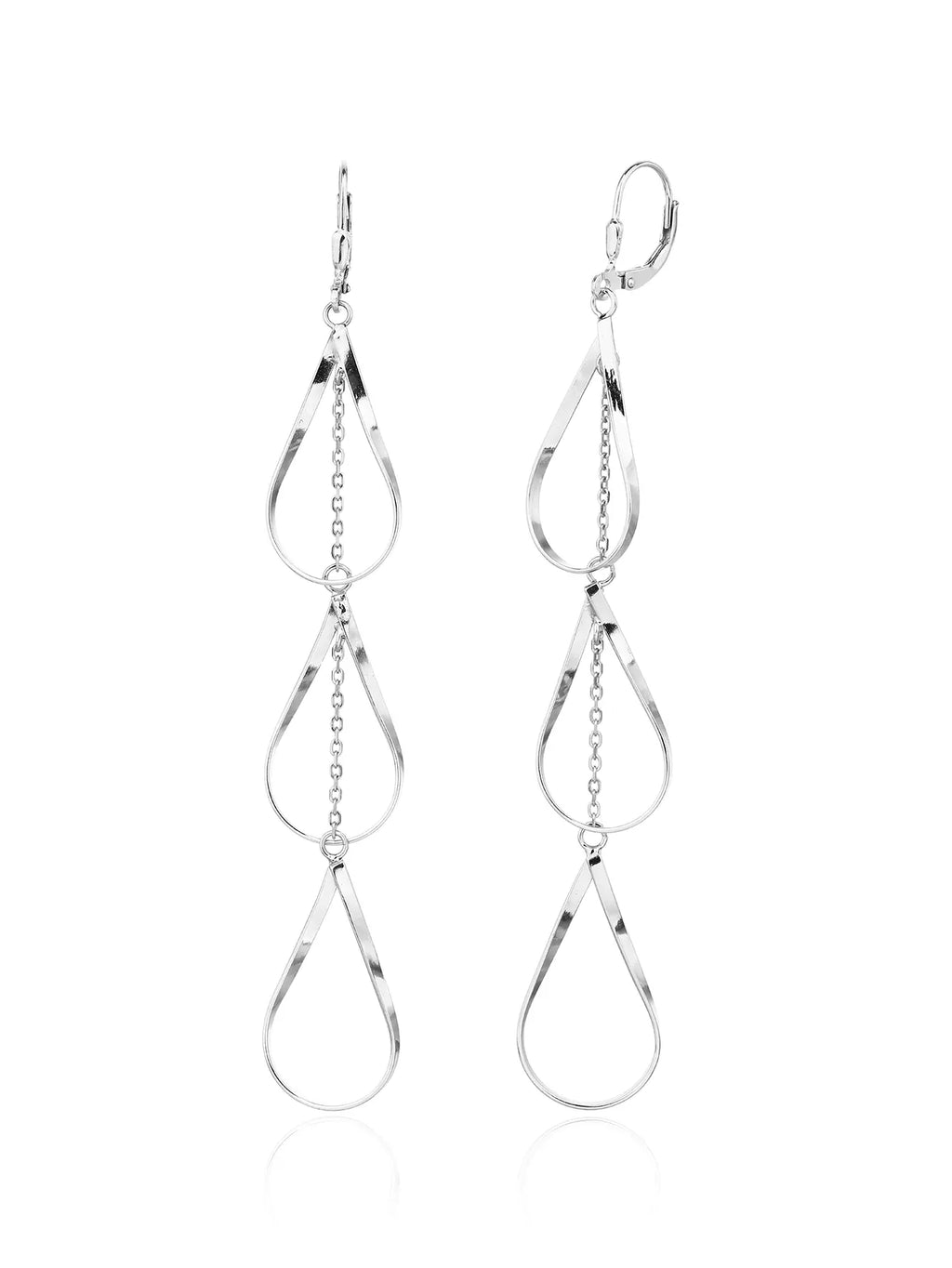 teardrop-shaped dangle earrings in hallmarked, rhodium-plated 925 sterling silver – front and side views – DRESCHER Jewellery®