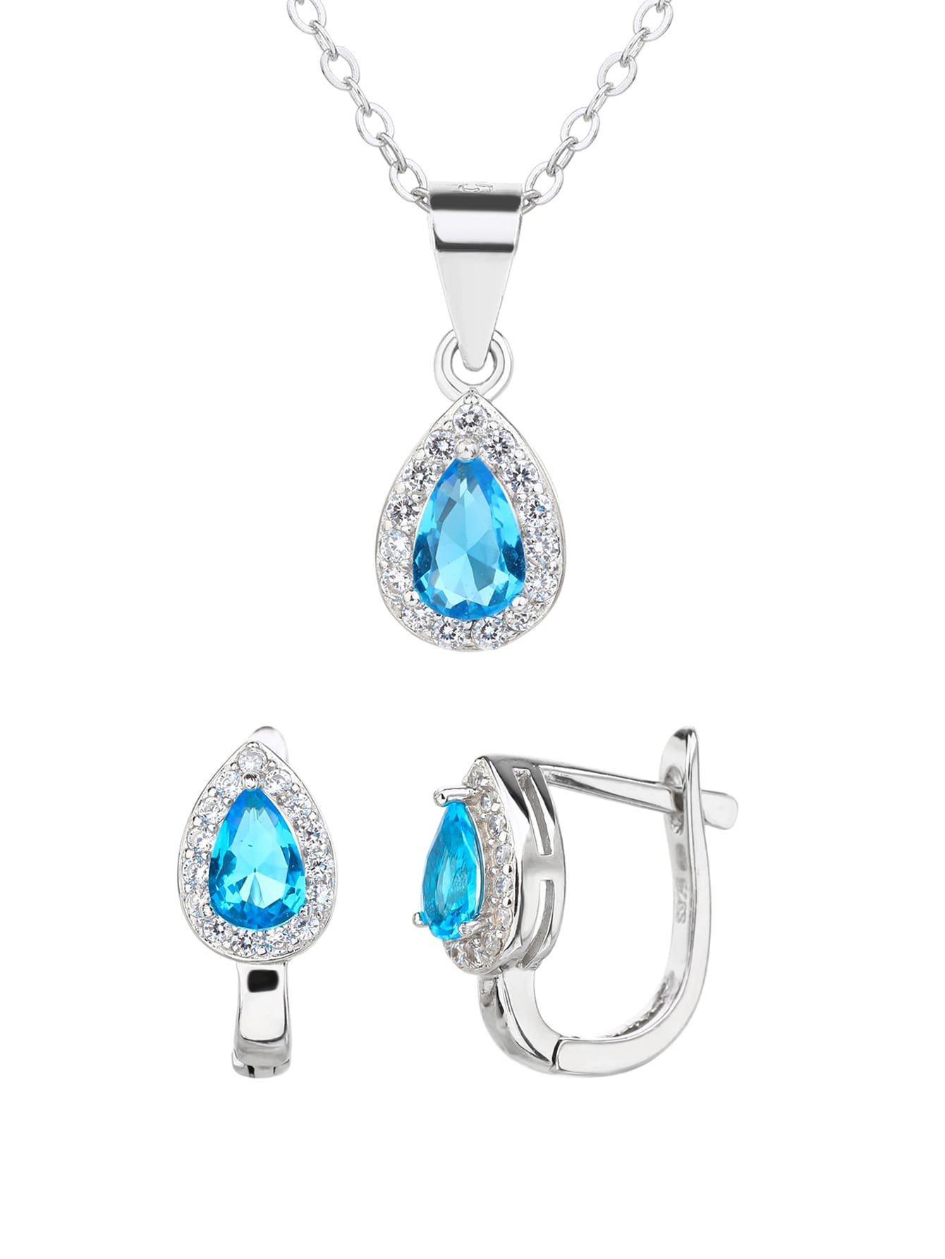 Drop shaped light blue stone set with white cubic zirconia stones (without chain) in hallmarked, rhodium-plated 925 sterling silver – dimensions view – DRESCHER Jewellery®