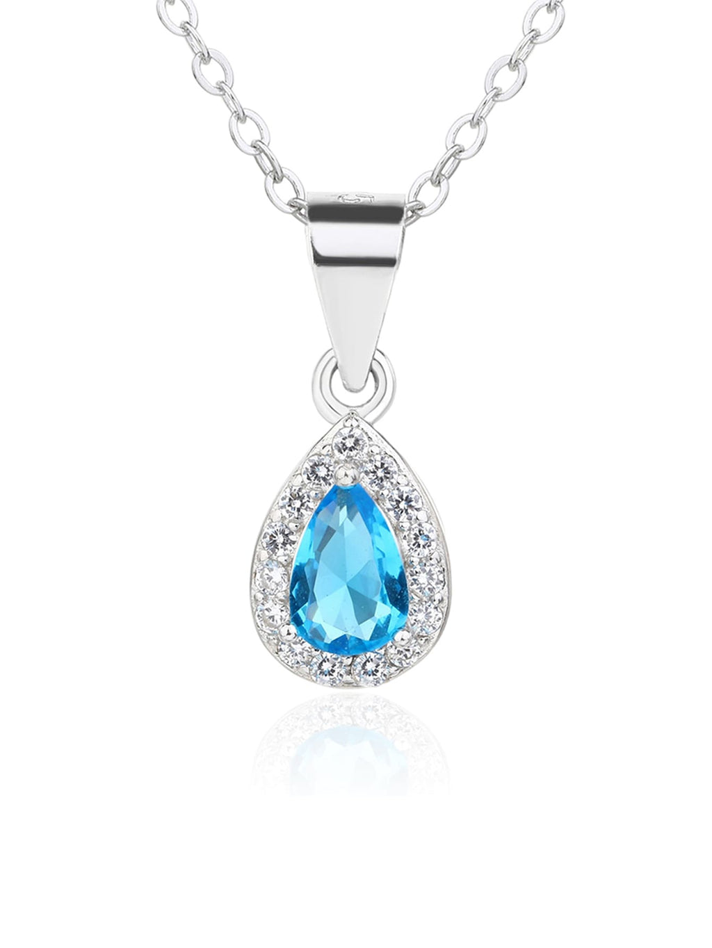 Drop shaped light blue stone set with white cubic zirconia stones (without chain) in hallmarked, rhodium-plated 925 sterling silver – detail view – DRESCHER Jewellery®