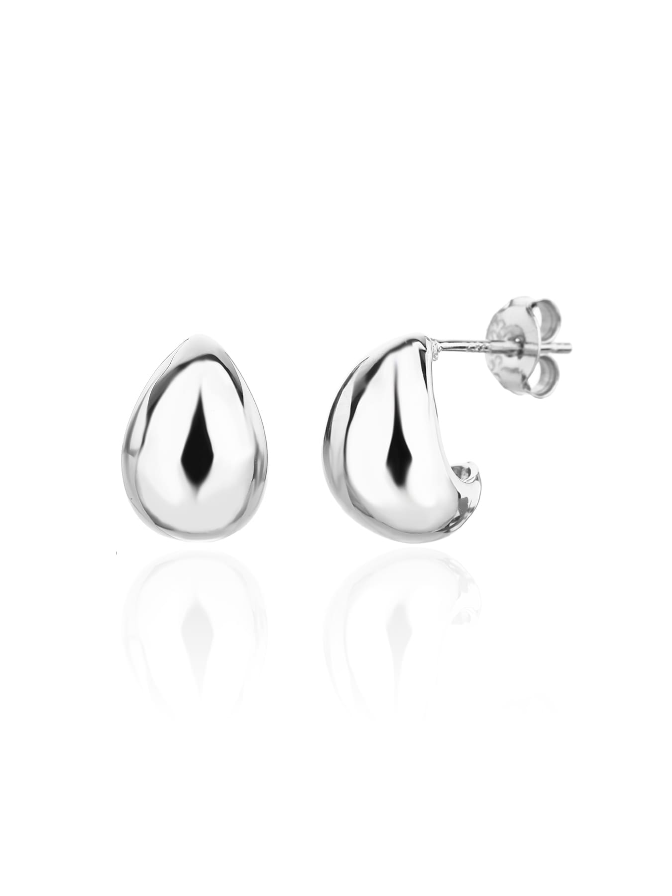 Teardrop-shaped hallmarked, rhodium-plated 925 sterling silver stud earrings – front and side views – DRESCHER Jewellery®