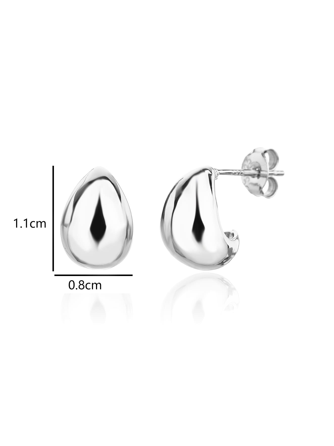 Teardrop-shaped hallmarked, rhodium-plated 925 sterling silver stud earrings – dimensions – DRESCHER Jewellery®