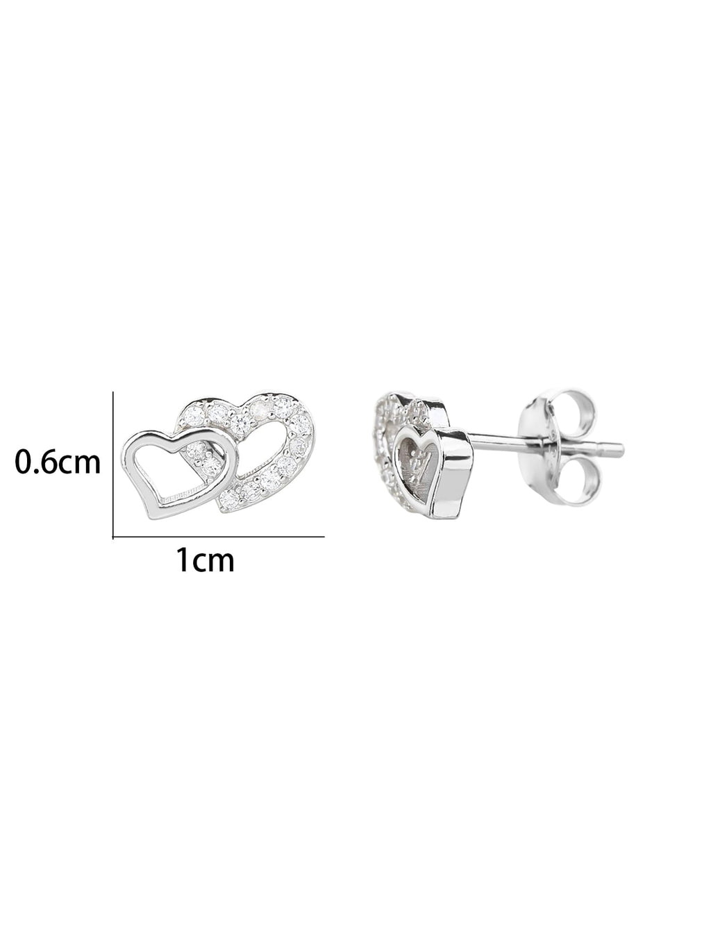 white cubic zirconia double-heart stud earrings in hallmarked, rhodium-plated 925 sterling silver – dimensions – DRESCHER Jewellery®