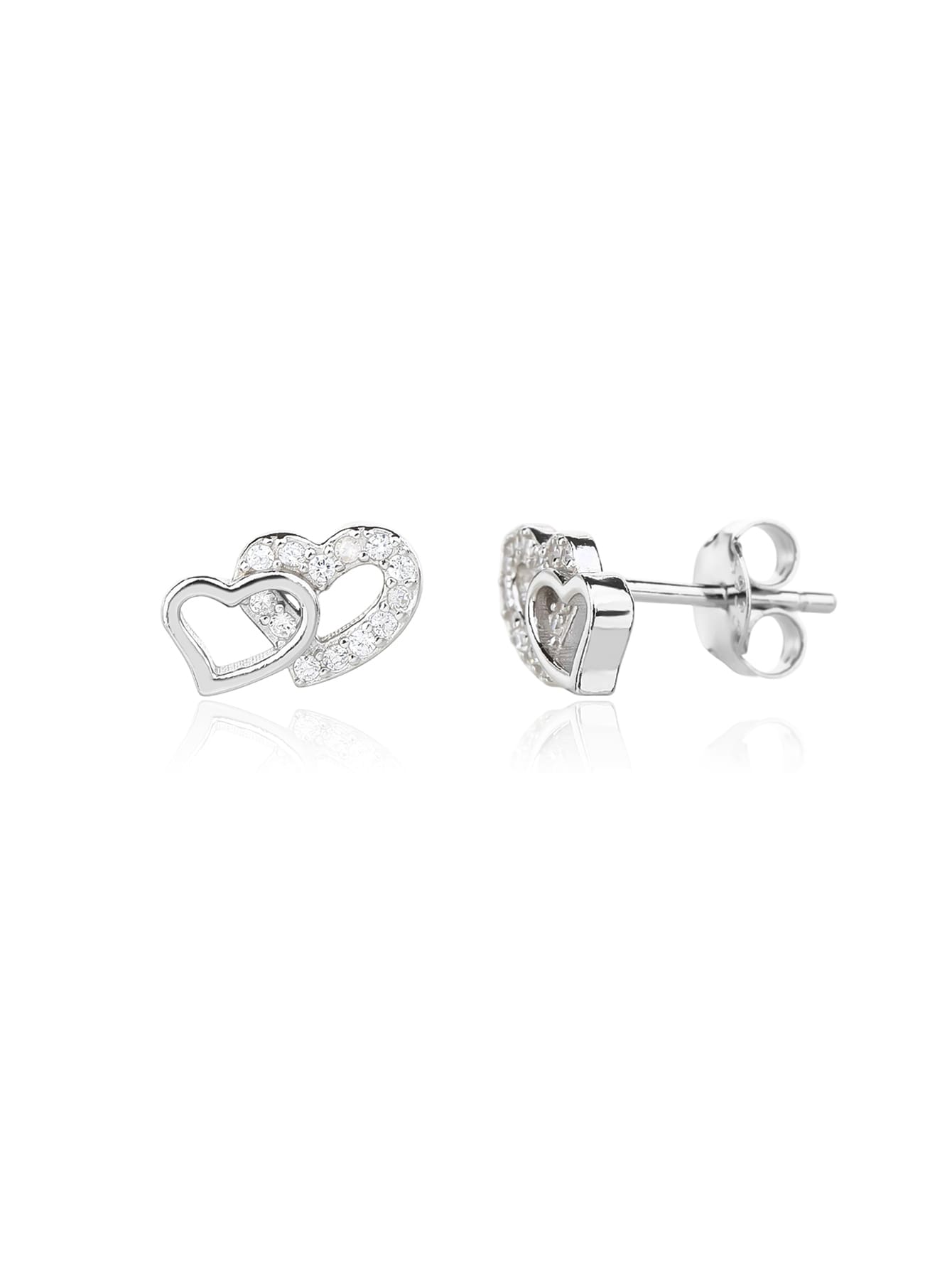 white cubic zirconia double-heart stud earrings in hallmarked, rhodium-plated 925 sterling silver – front and side views – DRESCHER Jewellery®