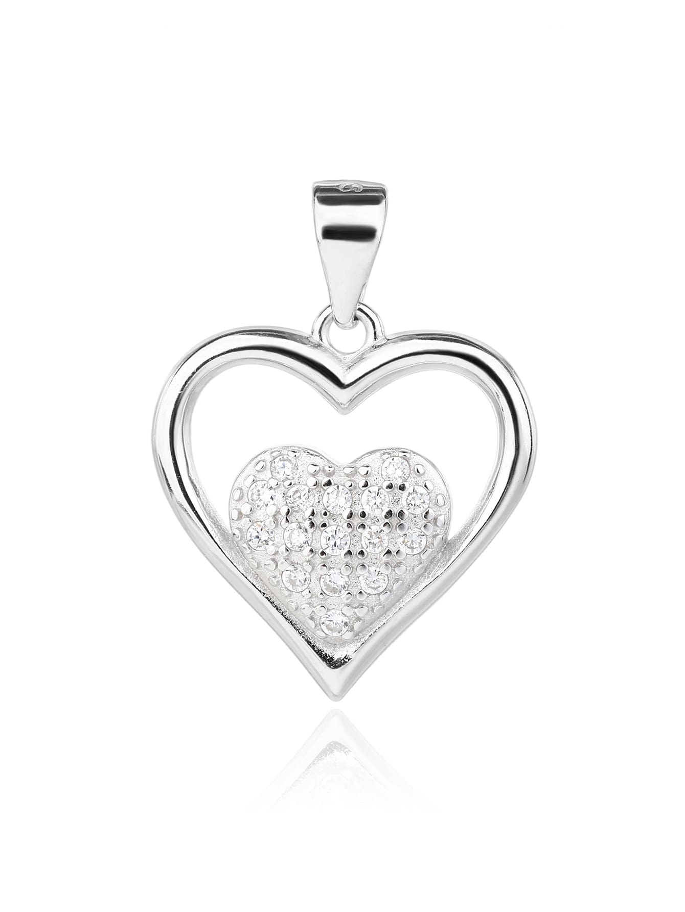 Double heart pendant with zirconia in hallmarked, rhodium-plated 925 sterling silver – alternate front view – DRESCHER Jewellery®