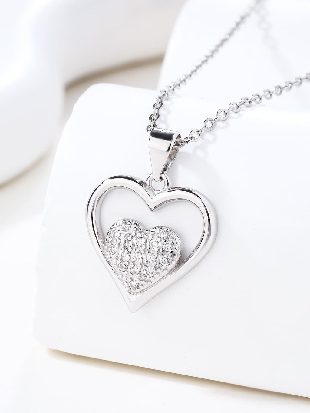 Double heart pendant with zirconia in hallmarked, rhodium-plated 925 sterling silver – dimensions view – DRESCHER Jewellery®
