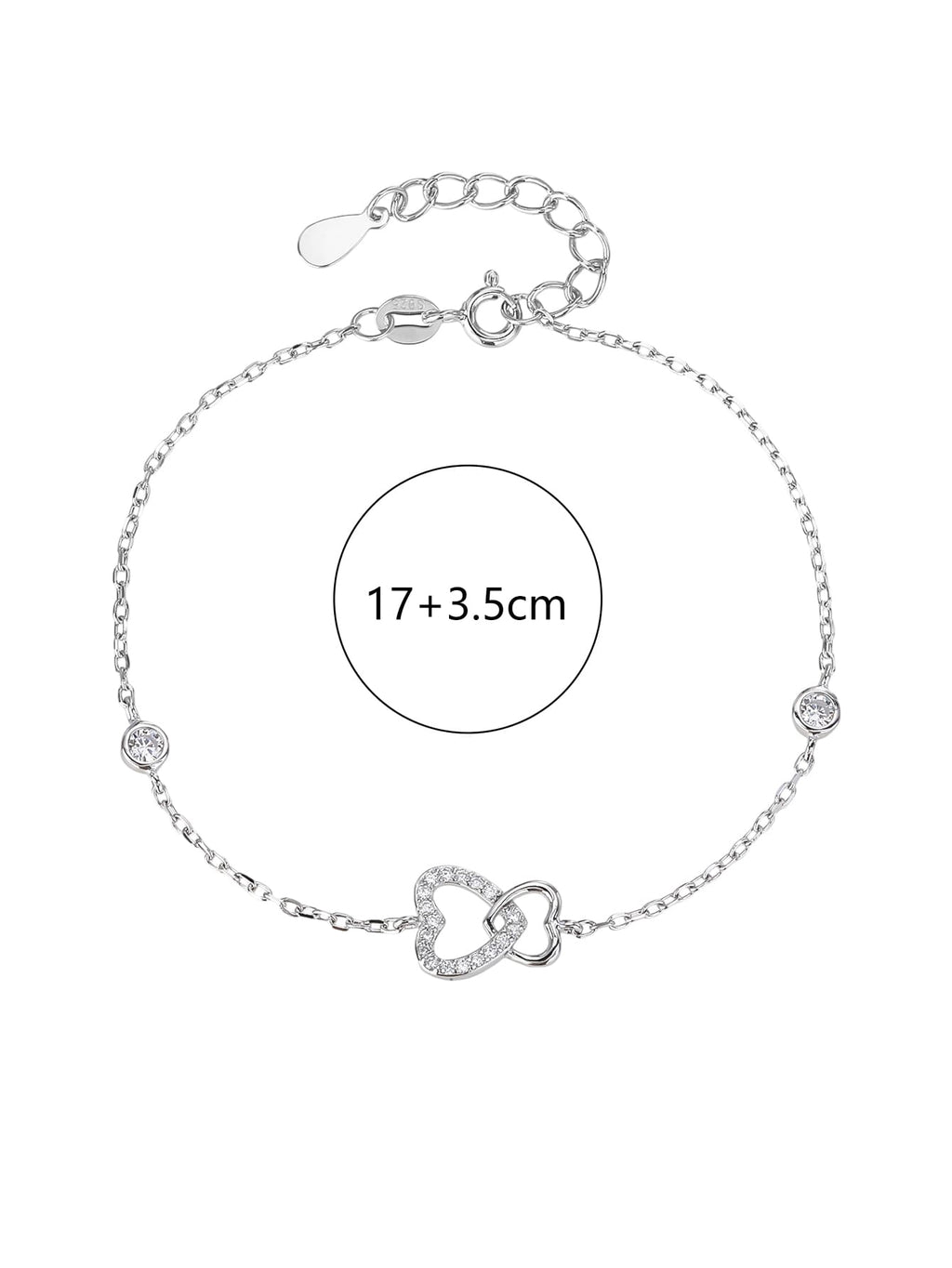 Double heart motif bracelet with cubic zirconia stones in hallmarked, rhodium-plated 925 sterling silver – alternate front view – DRESCHER Jewellery®