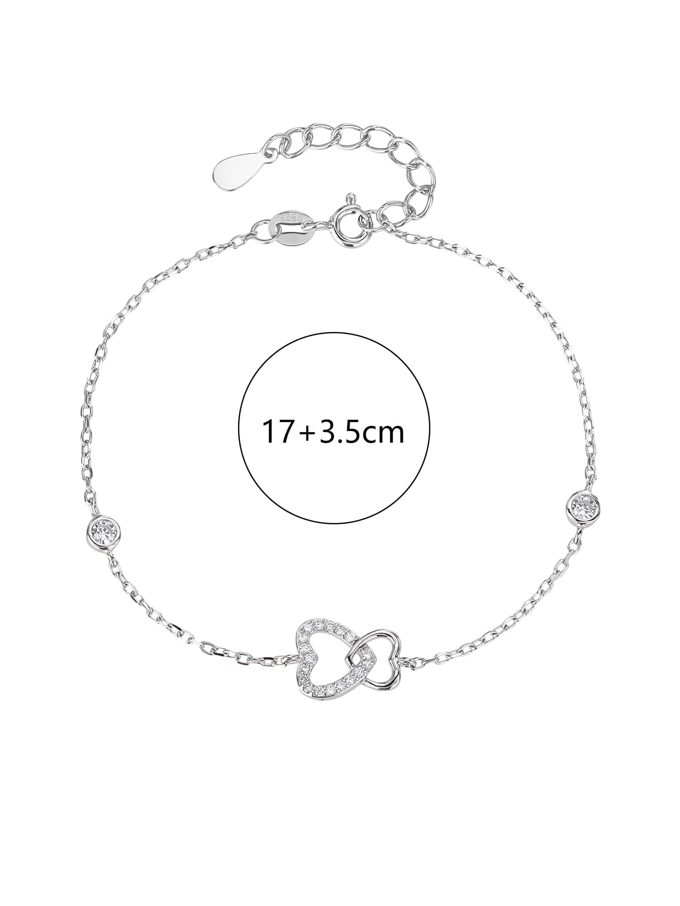 Double heart motif bracelet with cubic zirconia stones in hallmarked, rhodium-plated 925 sterling silver – alternate front view – DRESCHER Jewellery®