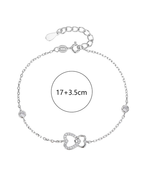 Double heart motif bracelet with cubic zirconia stones in hallmarked, rhodium-plated 925 sterling silver – alternate front view – DRESCHER Jewellery®