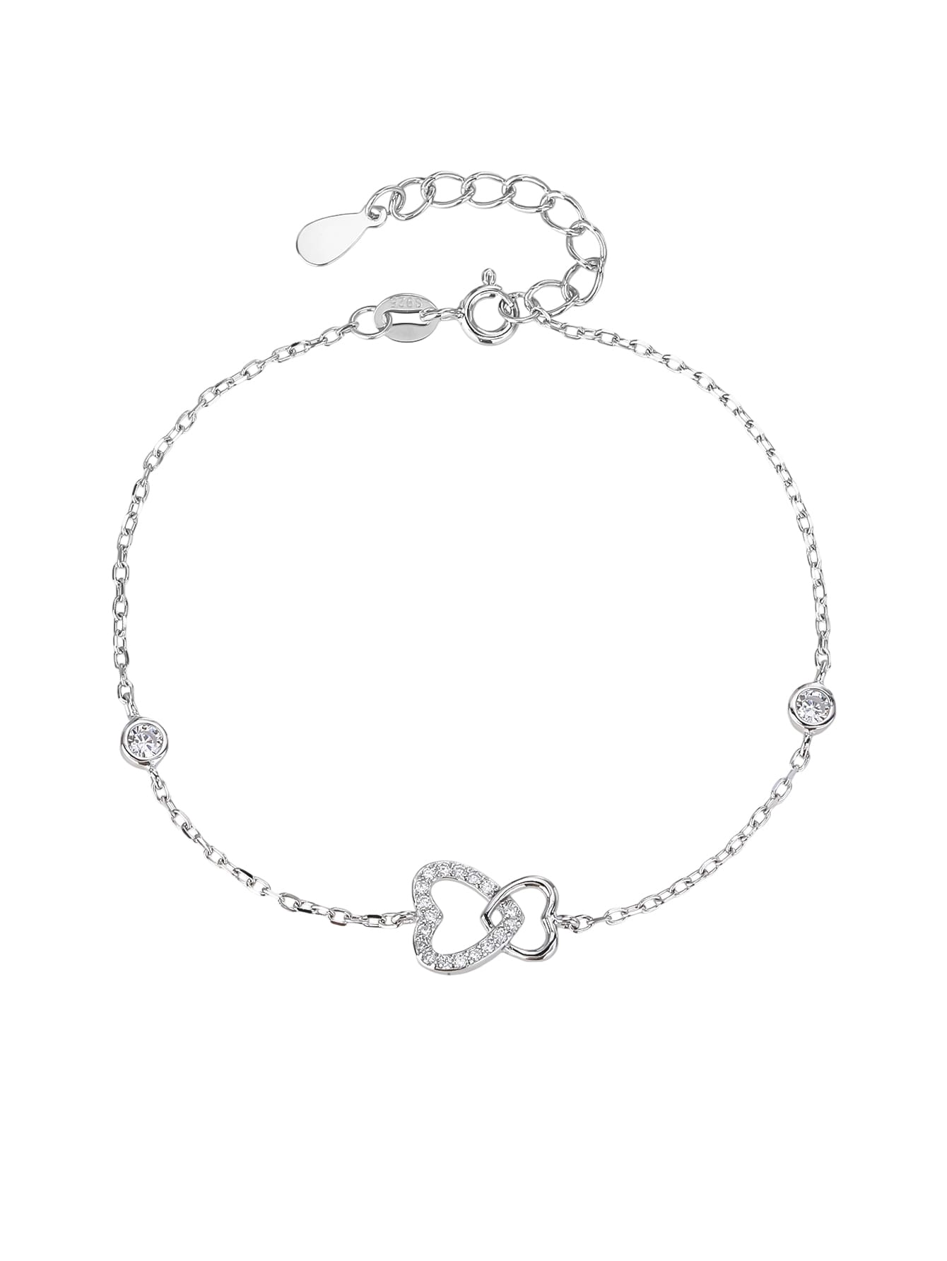 Double heart motif bracelet with cubic zirconia stones in hallmarked, rhodium-plated 925 sterling silver – display view – DRESCHER Jewellery®