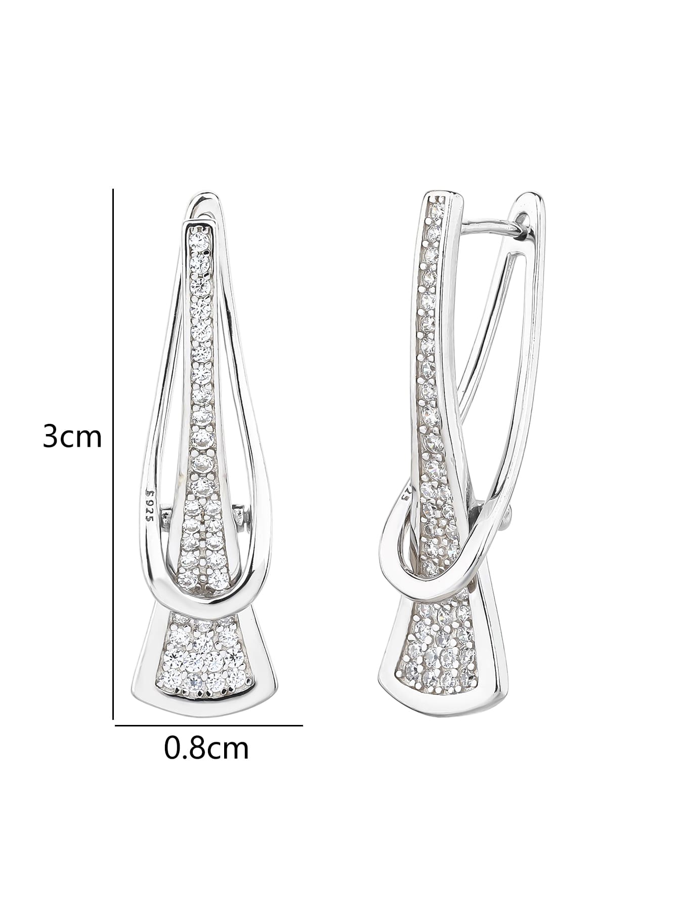 white cubic zirconia pierced-pattern French-clasp earrings in hallmarked, rhodium-plated 925 sterling silver – dimensions – DRESCHER Jewellery®
