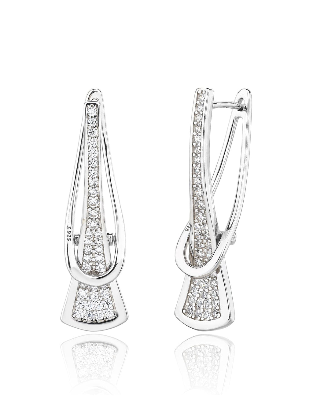 white cubic zirconia pierced-pattern French-clasp earrings in hallmarked, rhodium-plated 925 sterling silver – front and side views – DRESCHER Jewellery®