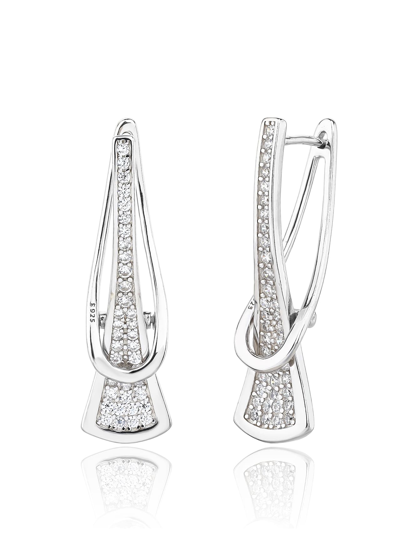 white cubic zirconia pierced-pattern French-clasp earrings in hallmarked, rhodium-plated 925 sterling silver – front and side views – DRESCHER Jewellery®