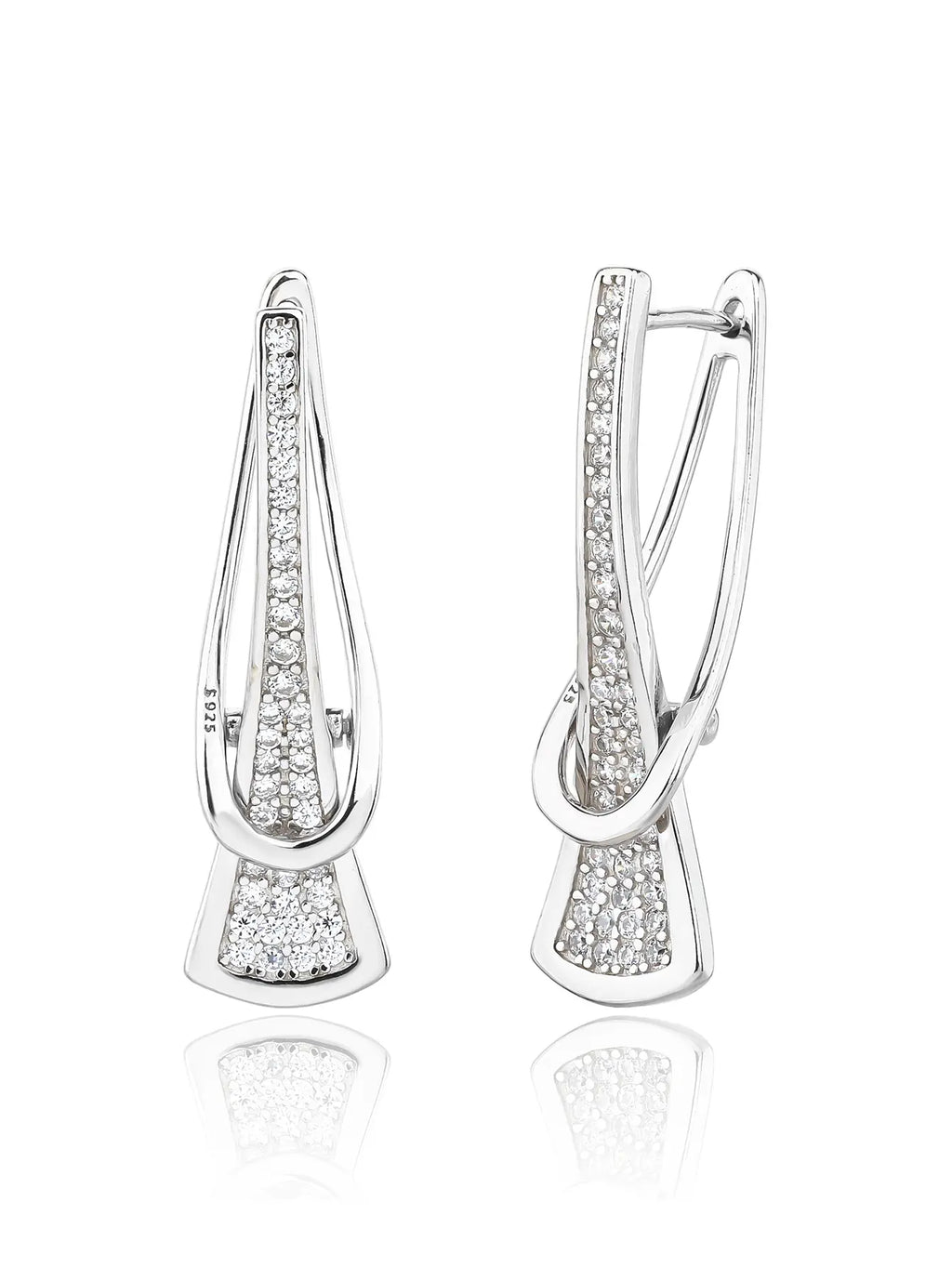 white cubic zirconia pierced-pattern French-clasp earrings in hallmarked, rhodium-plated 925 sterling silver – front and side views – DRESCHER Jewellery®
