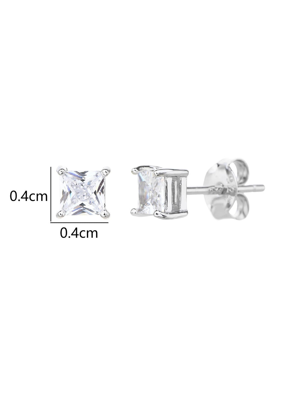 Square-cut white cubic zirconia four-prong stud earrings in hallmarked, rhodium-plated 925 sterling silver – 0.4 × 0.4 cm dimensions – DRESCHER Jewellery®