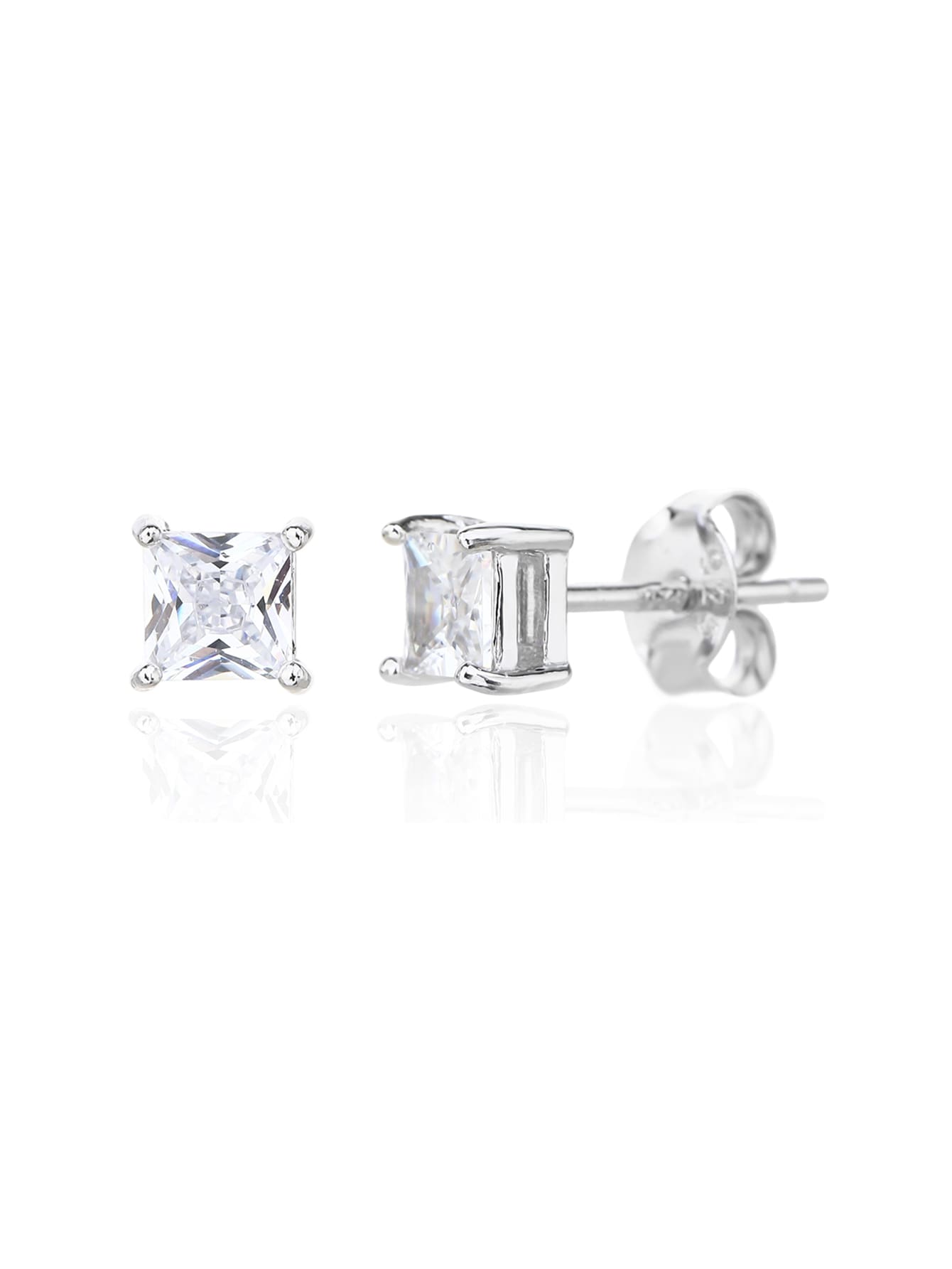 Square-cut white cubic zirconia four-prong stud earrings in hallmarked, rhodium-plated 925 sterling silver – front and side views – DRESCHER Jewellery®