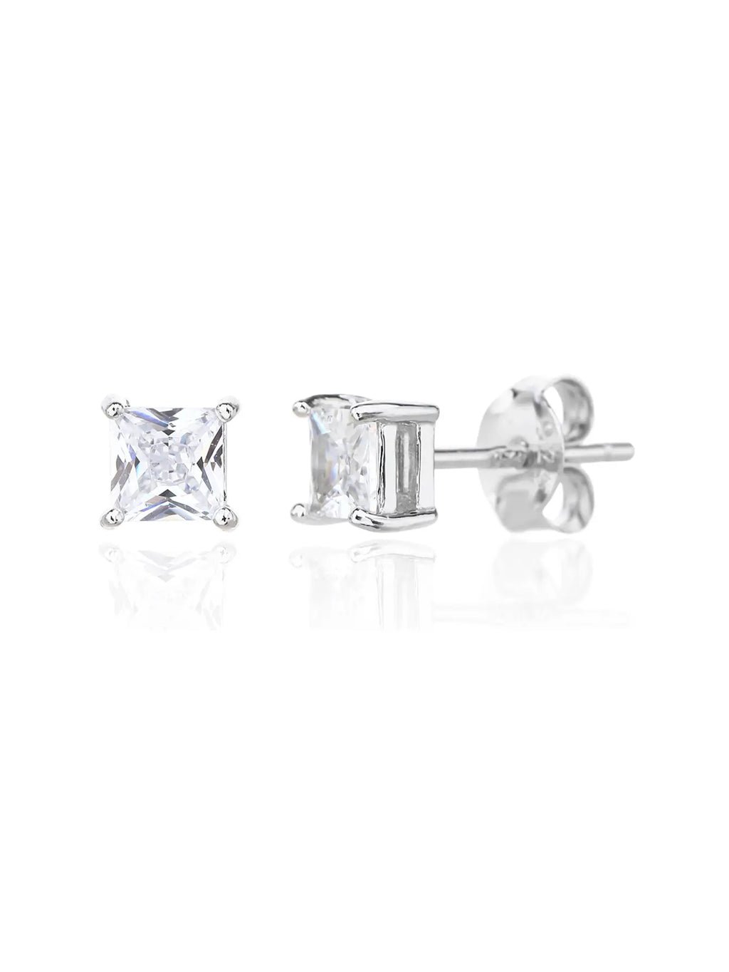 Square-cut white cubic zirconia four-prong stud earrings in hallmarked, rhodium-plated 925 sterling silver – front and side views – DRESCHER Jewellery®