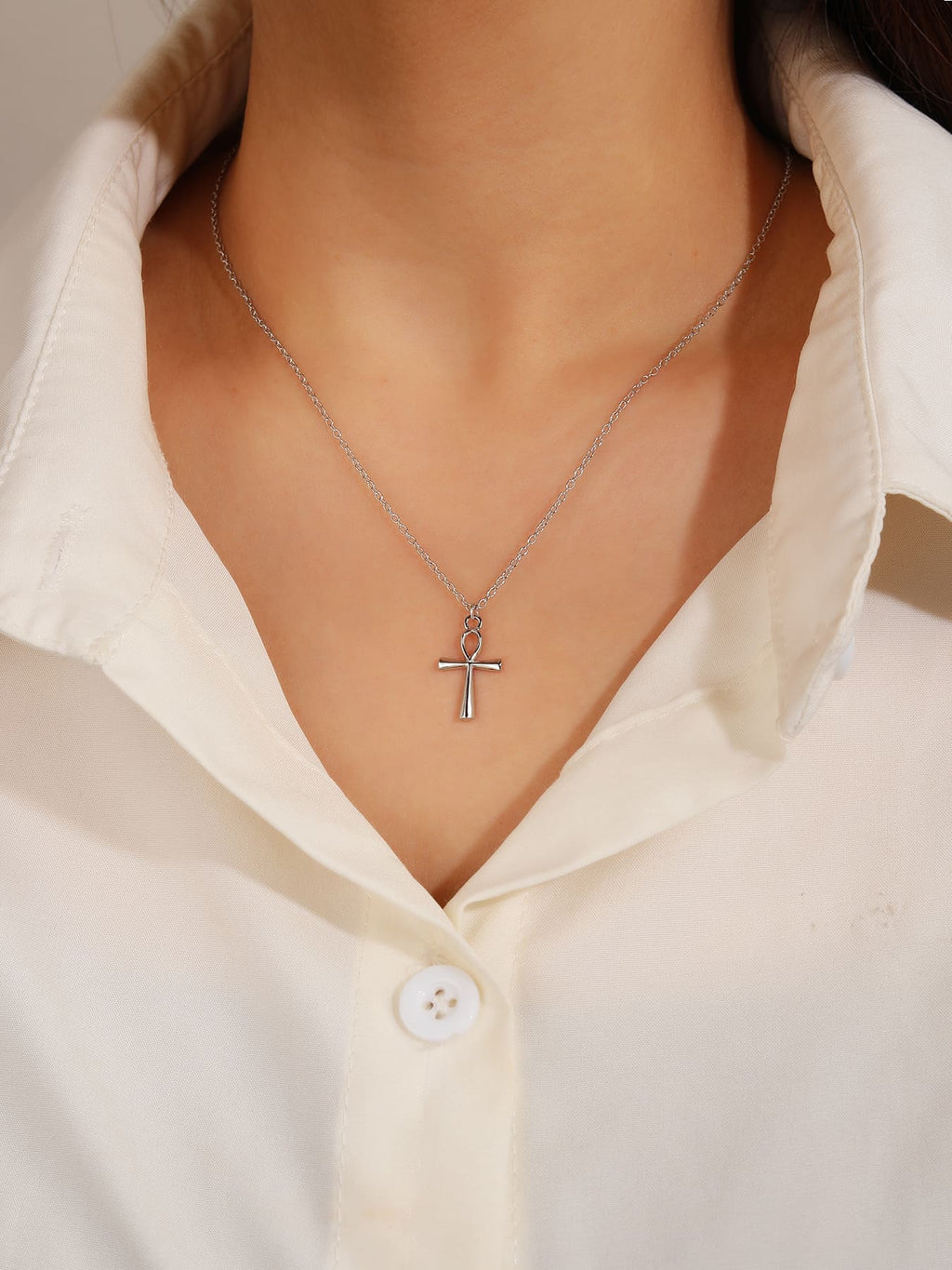 Ankh cross necklace in hallmarked, rhodium-plated 925 sterling silver – worn view – DRESCHER Jewellery®