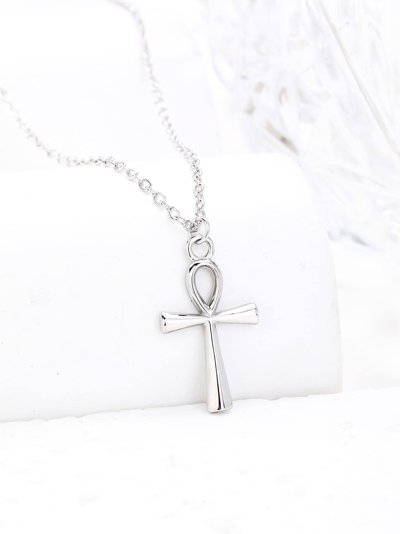Ankh cross necklace in hallmarked, rhodium-plated 925 sterling silver – display view – DRESCHER Jewellery®