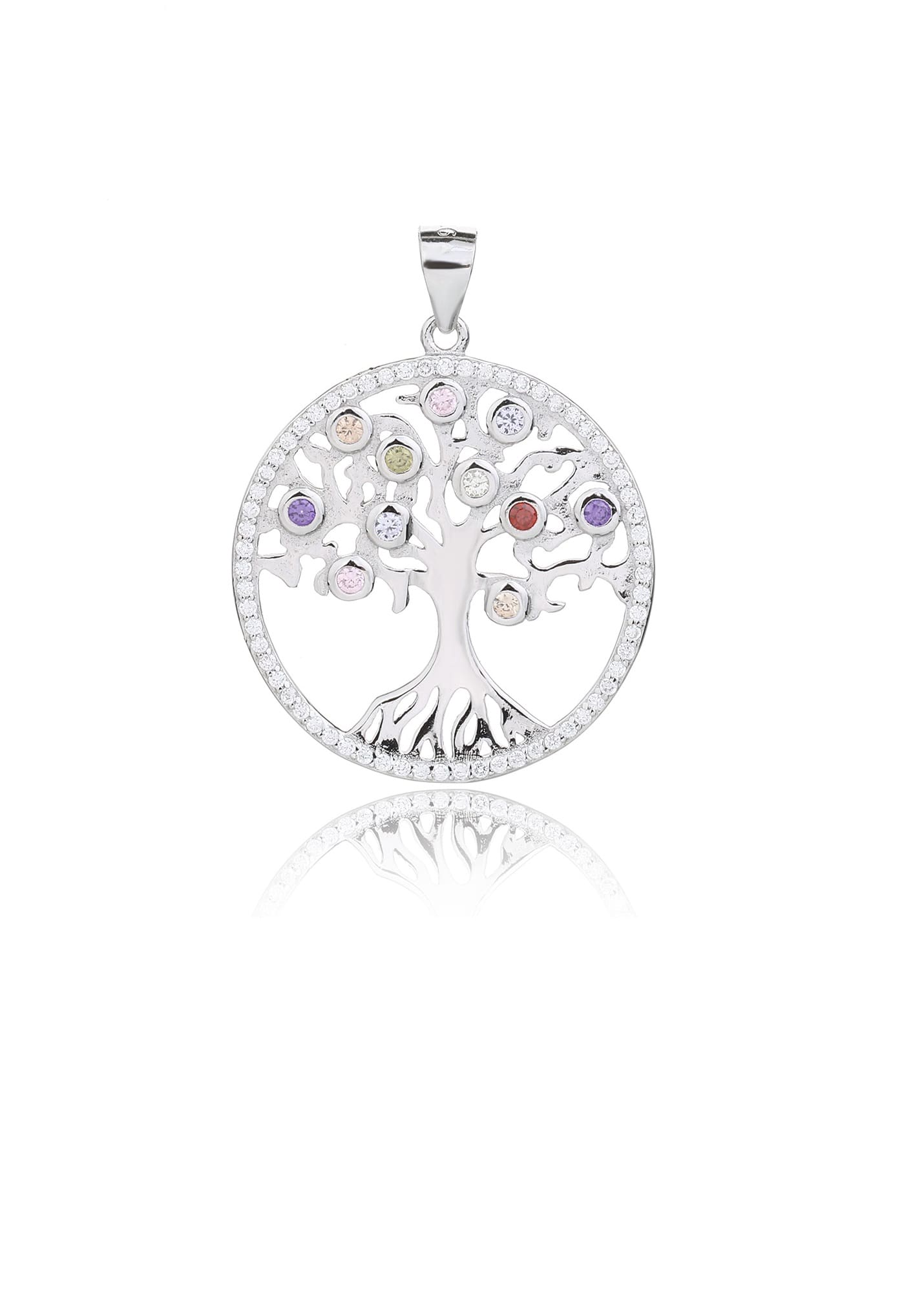 Tree of Life pendant with coloured stones in hallmarked, rhodium-plated 925 sterling silver – worn view – DRESCHER Jewellery®