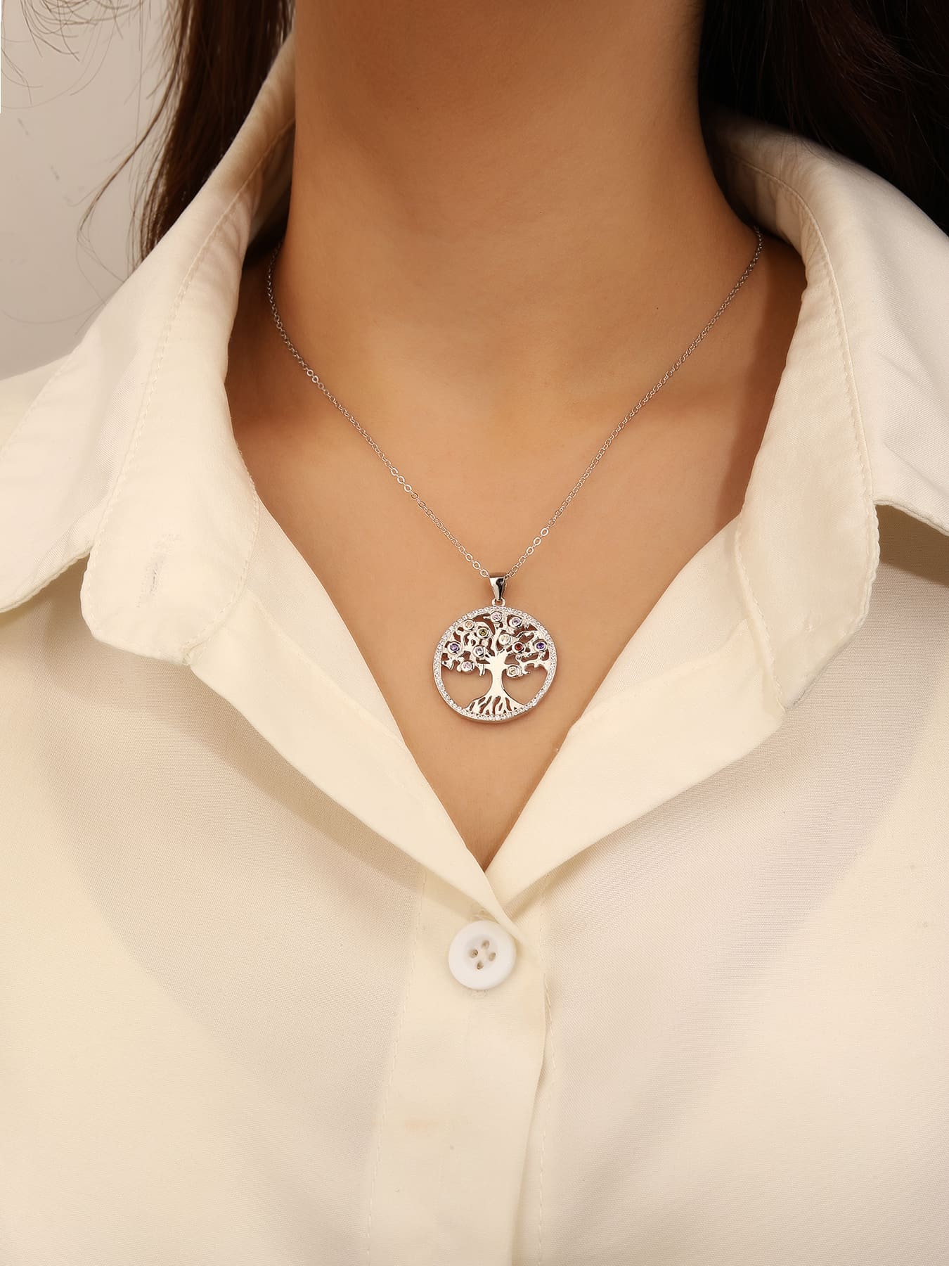 Tree of Life pendant with coloured stones in hallmarked, rhodium-plated 925 sterling silver – alternate front view – DRESCHER Jewellery®