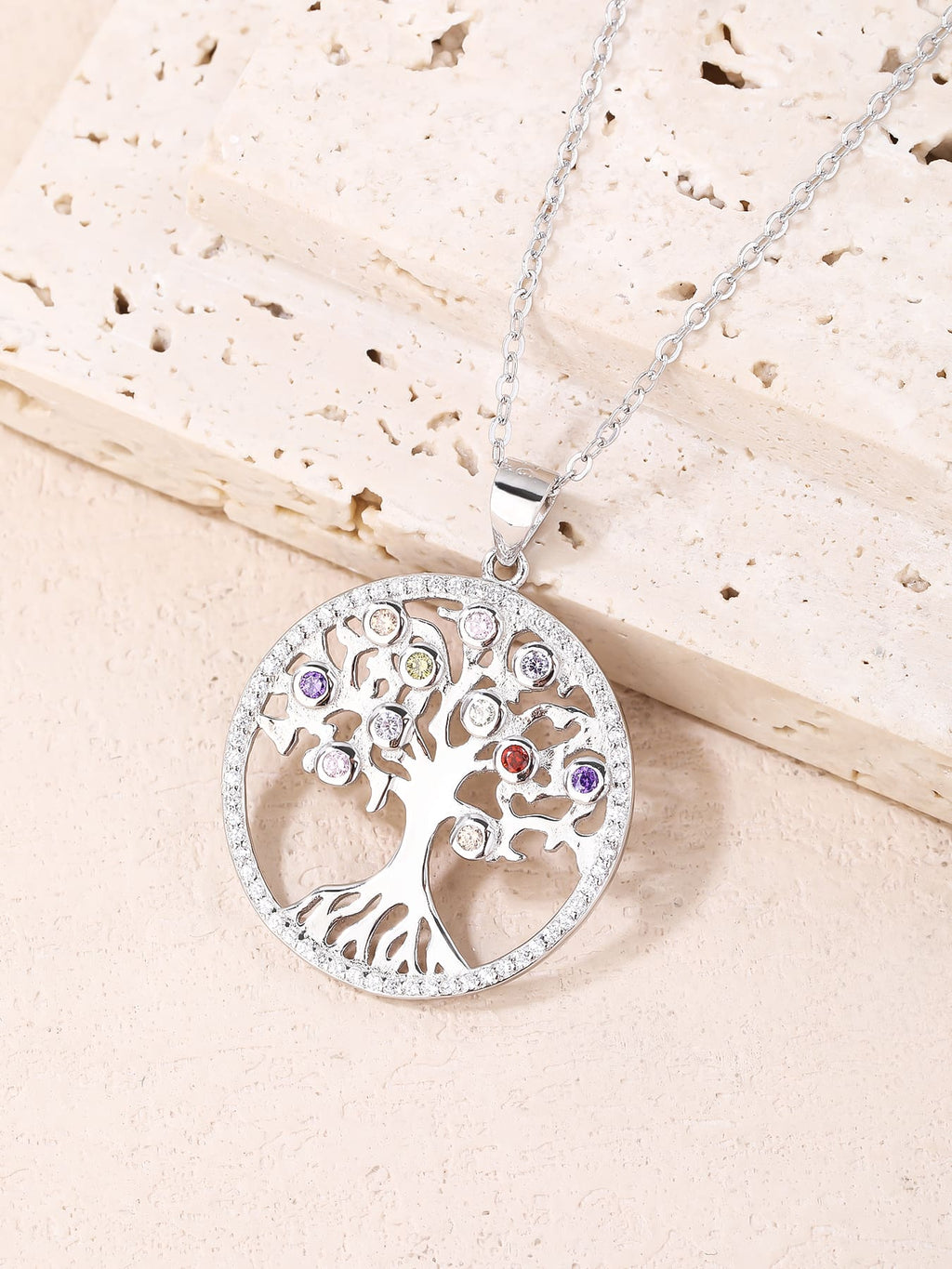 Tree of Life pendant with coloured stones in hallmarked, rhodium-plated 925 sterling silver – dimensions view – DRESCHER Jewellery®