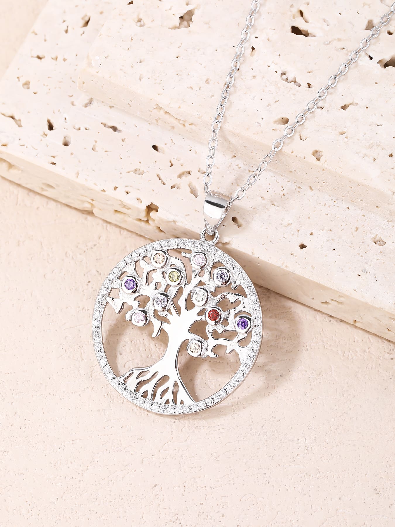 Tree of Life pendant with coloured stones in hallmarked, rhodium-plated 925 sterling silver – dimensions view – DRESCHER Jewellery®