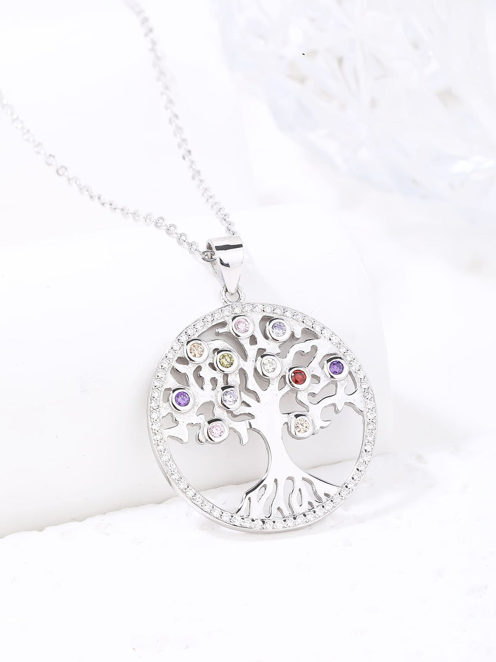 Tree of Life pendant with coloured stones in hallmarked, rhodium-plated 925 sterling silver – display view – DRESCHER Jewellery®