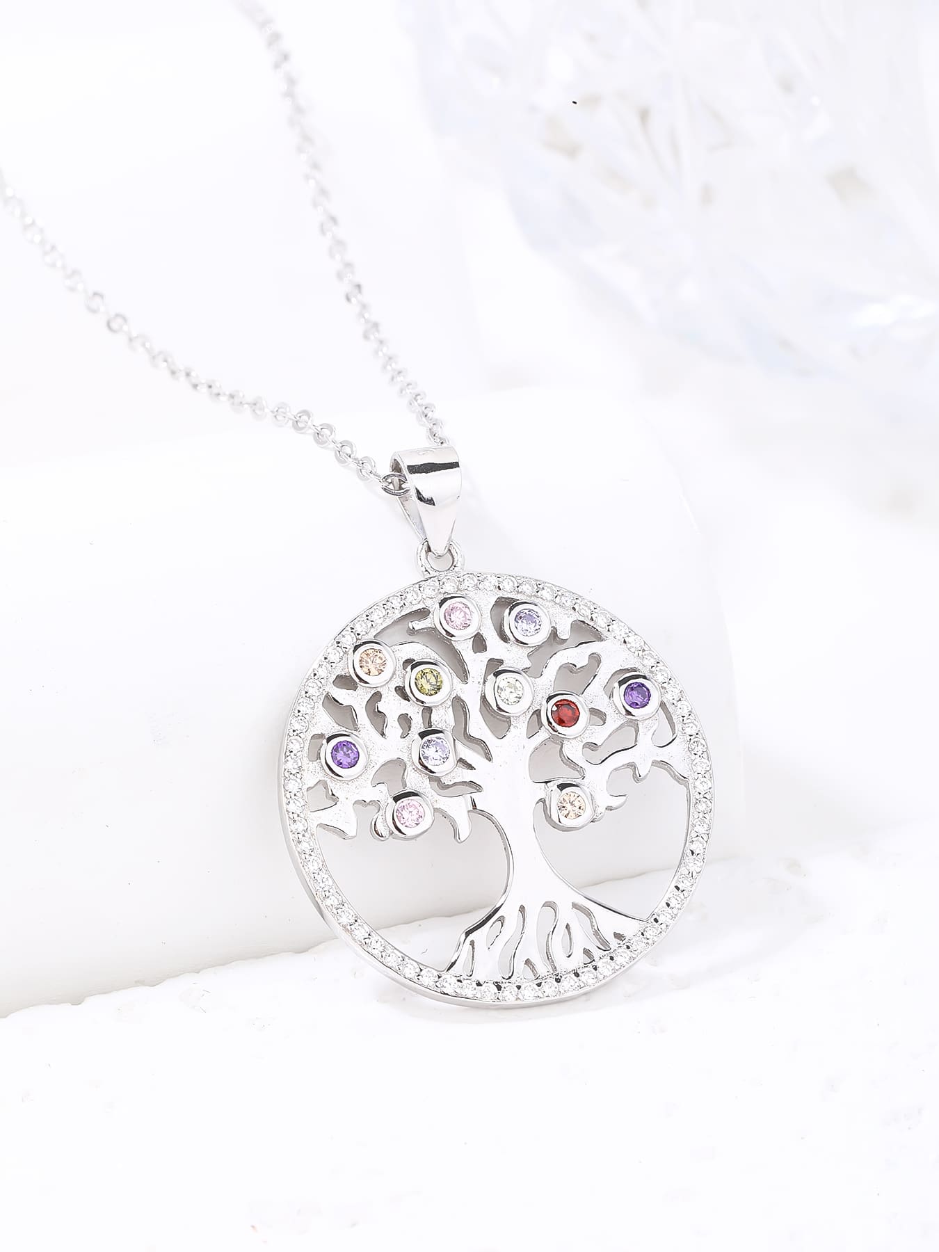 Tree of Life pendant with coloured stones in hallmarked, rhodium-plated 925 sterling silver – display view – DRESCHER Jewellery®