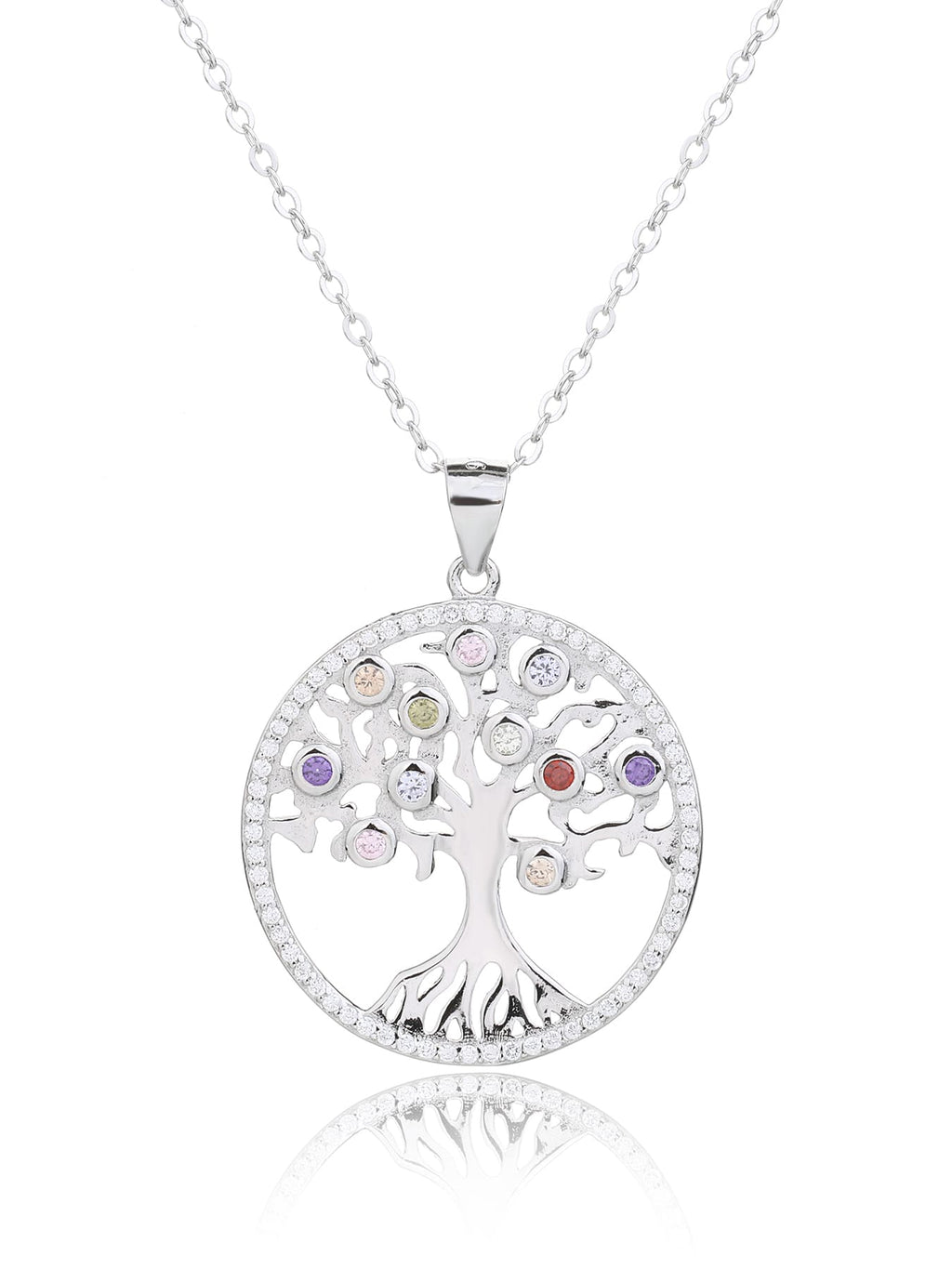 Tree of Life pendant with coloured stones in hallmarked, rhodium-plated 925 sterling silver – detail view – DRESCHER Jewellery®