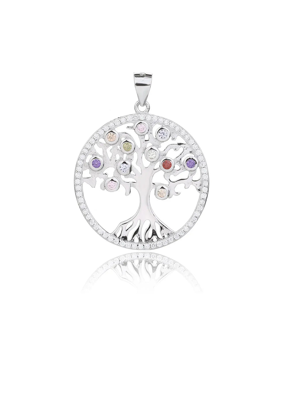 Tree of Life pendant with coloured stones in hallmarked, rhodium-plated 925 sterling silver – front view – DRESCHER Jewellery®