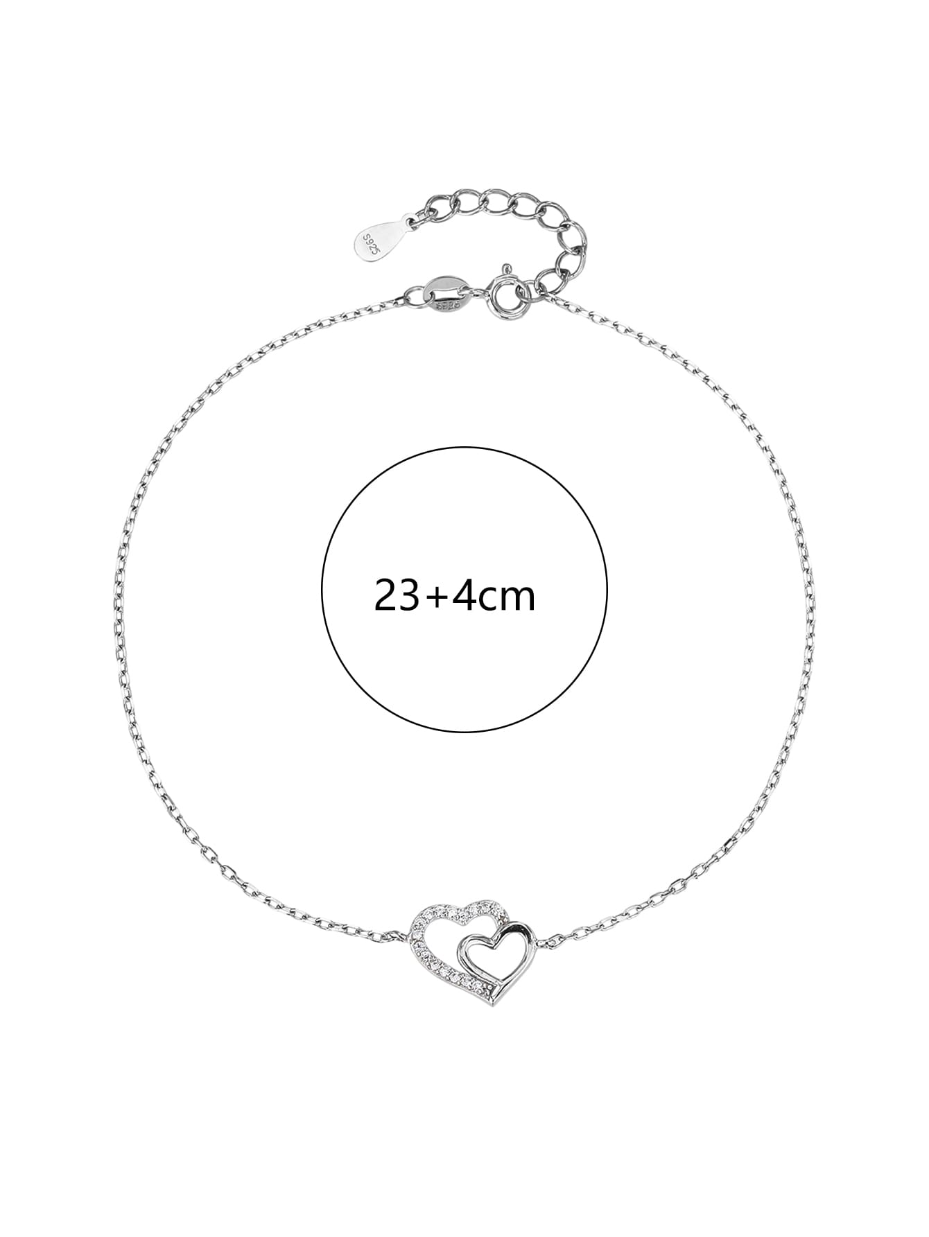 anklet with double heart motif and cubic zirconia stones(23+4 cm) in hallmarked, rhodium-plated 925 sterling silver – worn view – DRESCHER Jewellery®