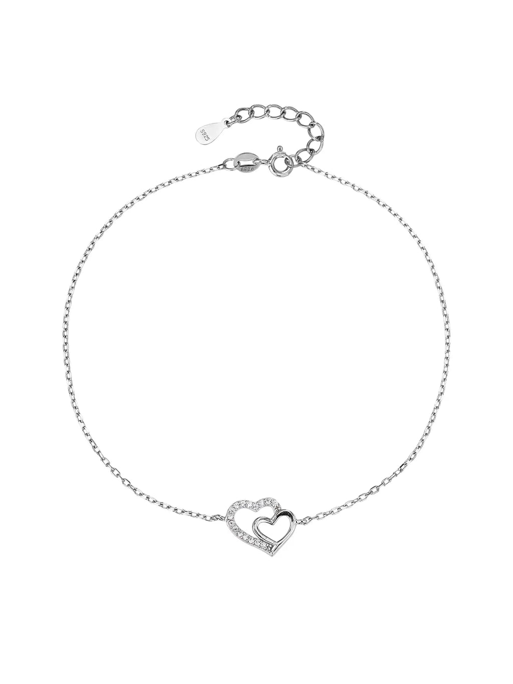 anklet with double heart motif and cubic zirconia stones(23+4 cm) in hallmarked, rhodium-plated 925 sterling silver – front view – DRESCHER Jewellery®